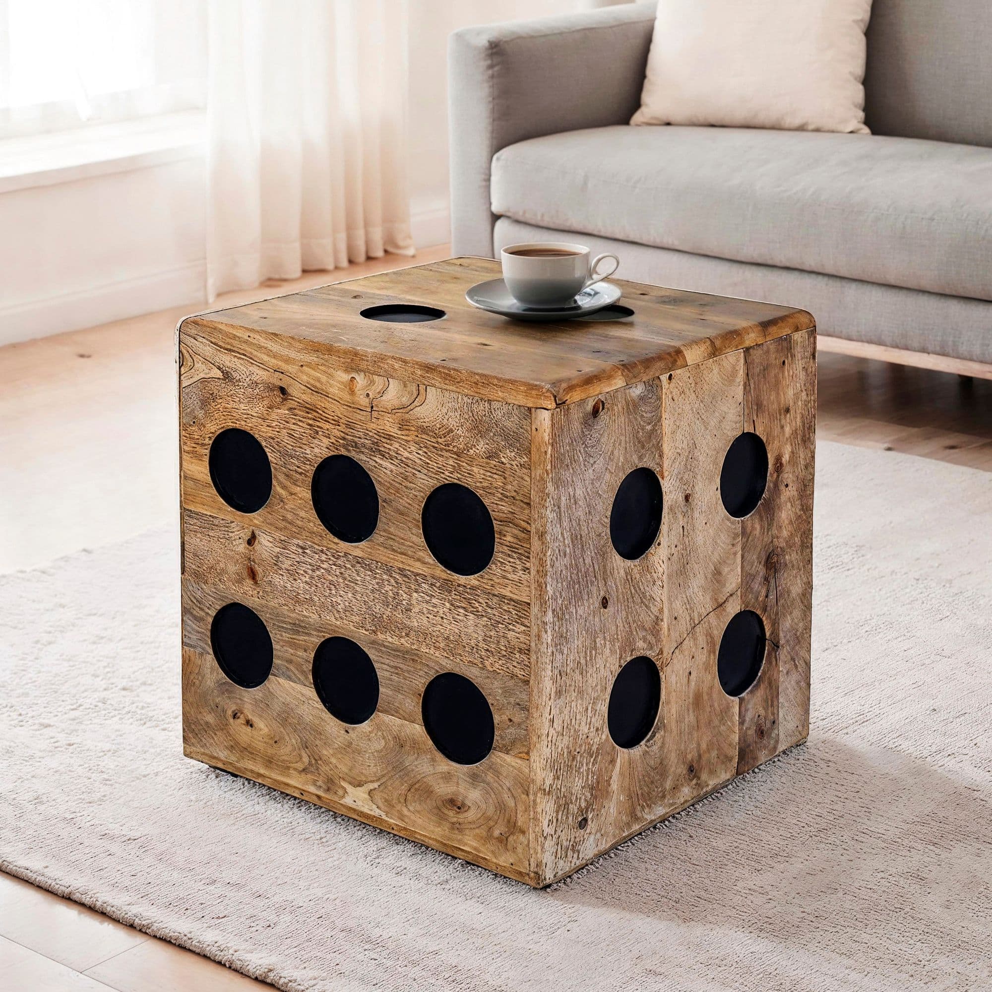 FineBuy Würfelhocker Mango Massivholz 41x41x41 cm, Design Sitzwürfel & Beistelltisch in Würfelform, Holzwürfel Deko & Couchtisch, Robuster Holzhocker im XXL Spielwürfel-Design