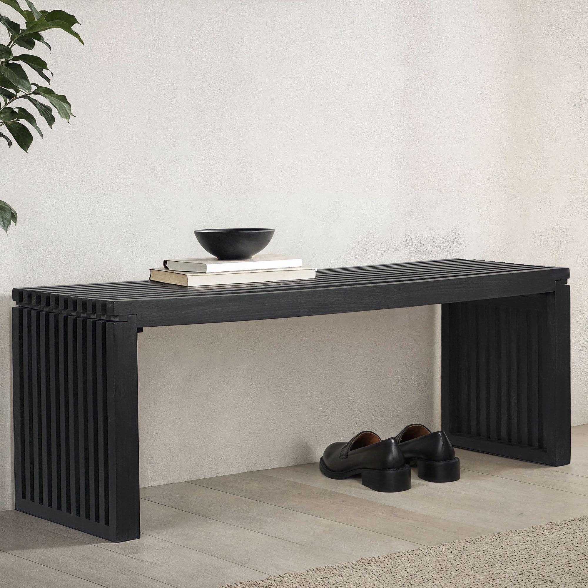 FineBuy Sitzbank 120 cm aus Akazie Massivholz Schwarz, Garderobenbank & Bettbank modern, Flurbank Holz für Eingangsbereich Schlafzimmer Wohnzimmer