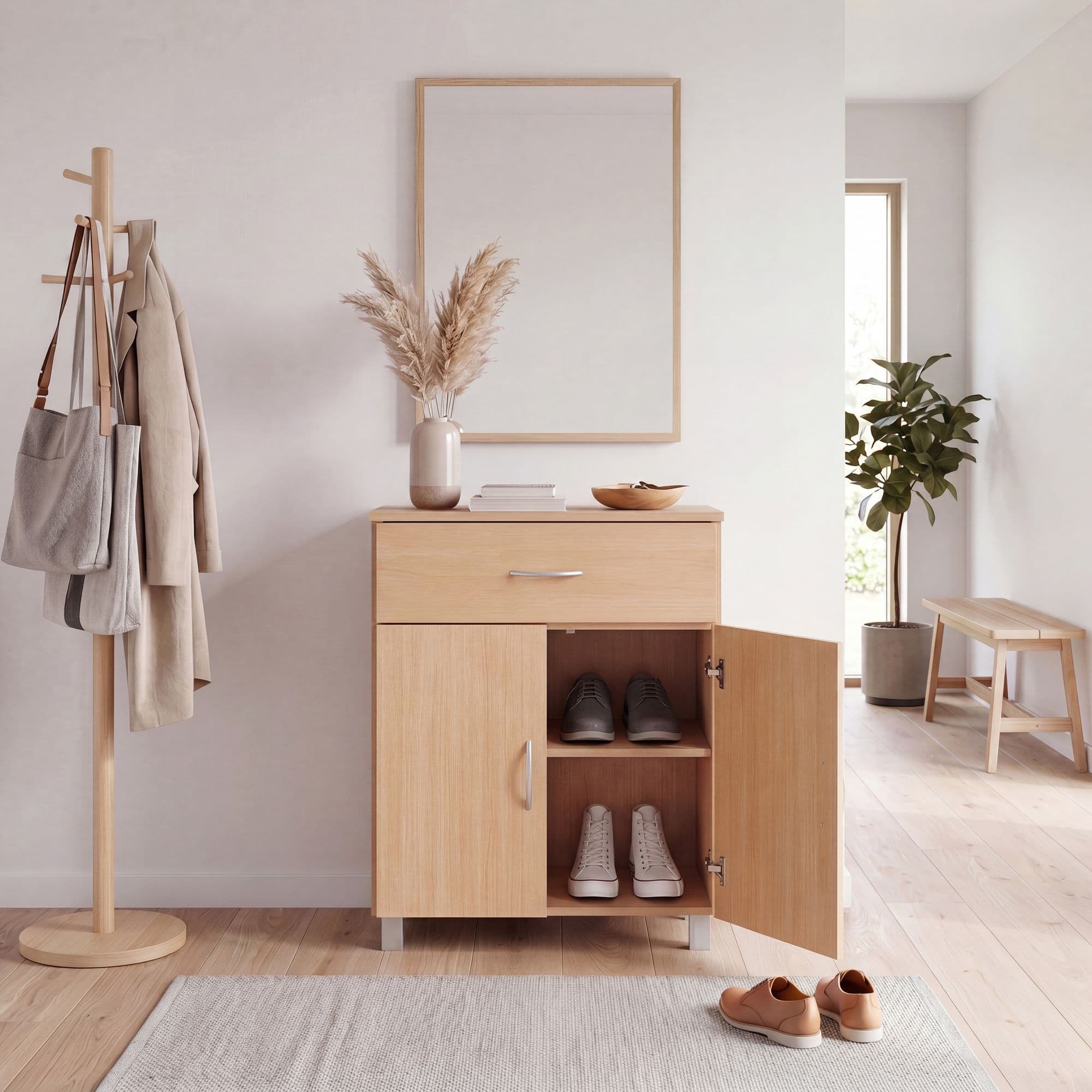 FineBuy Schuhschrank mit Schublade und 2 Türen 60×75×30 cm Buche Optik, Platzsparende Schuhkommode aus Spanplatte melaminbeschichtet, Flurmöbel Schuhregal modern