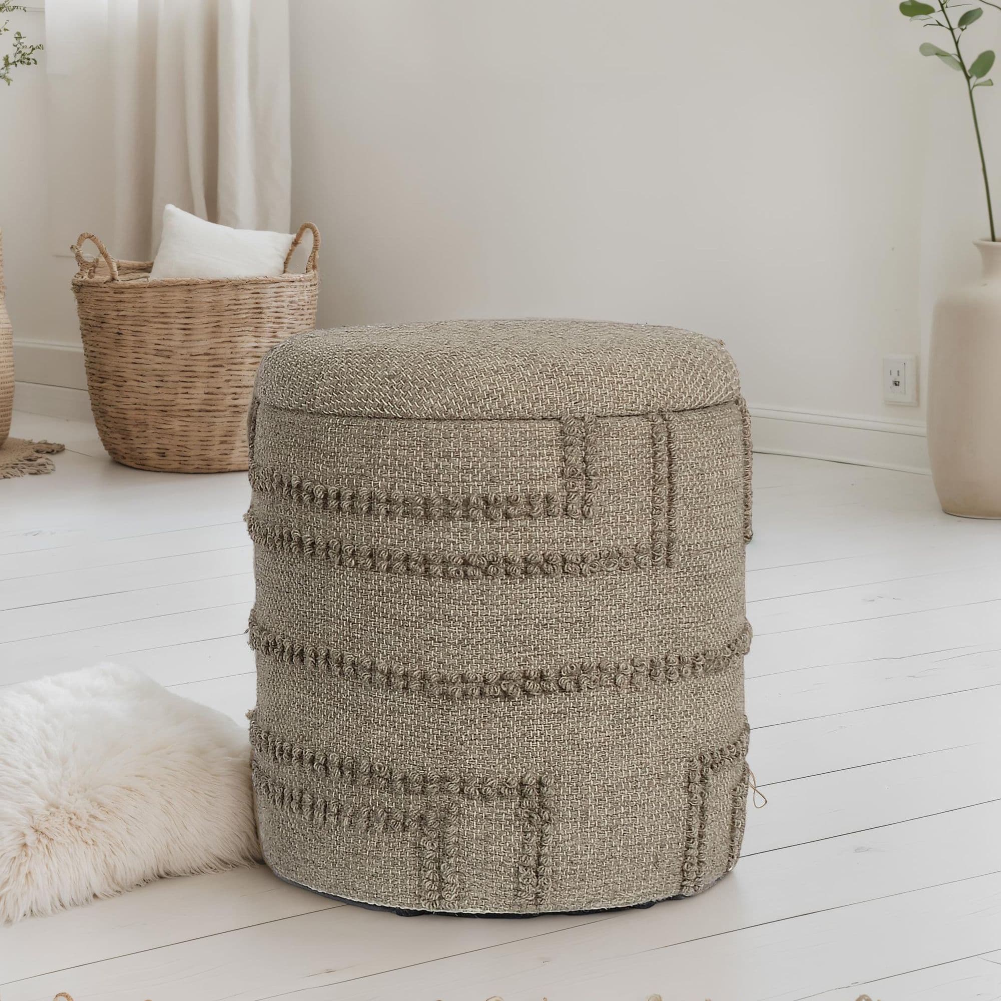 FineBuy Sitzhocker rund aus Wolle Ø 40 x 45 cm Braun mit Stauraum, abnehmbarer Deckel, Hocker mit Staufach, Beistellhocker & Polsterhocker für Wohnzimmer Schlafzimmer Flur im modernen Boho Design