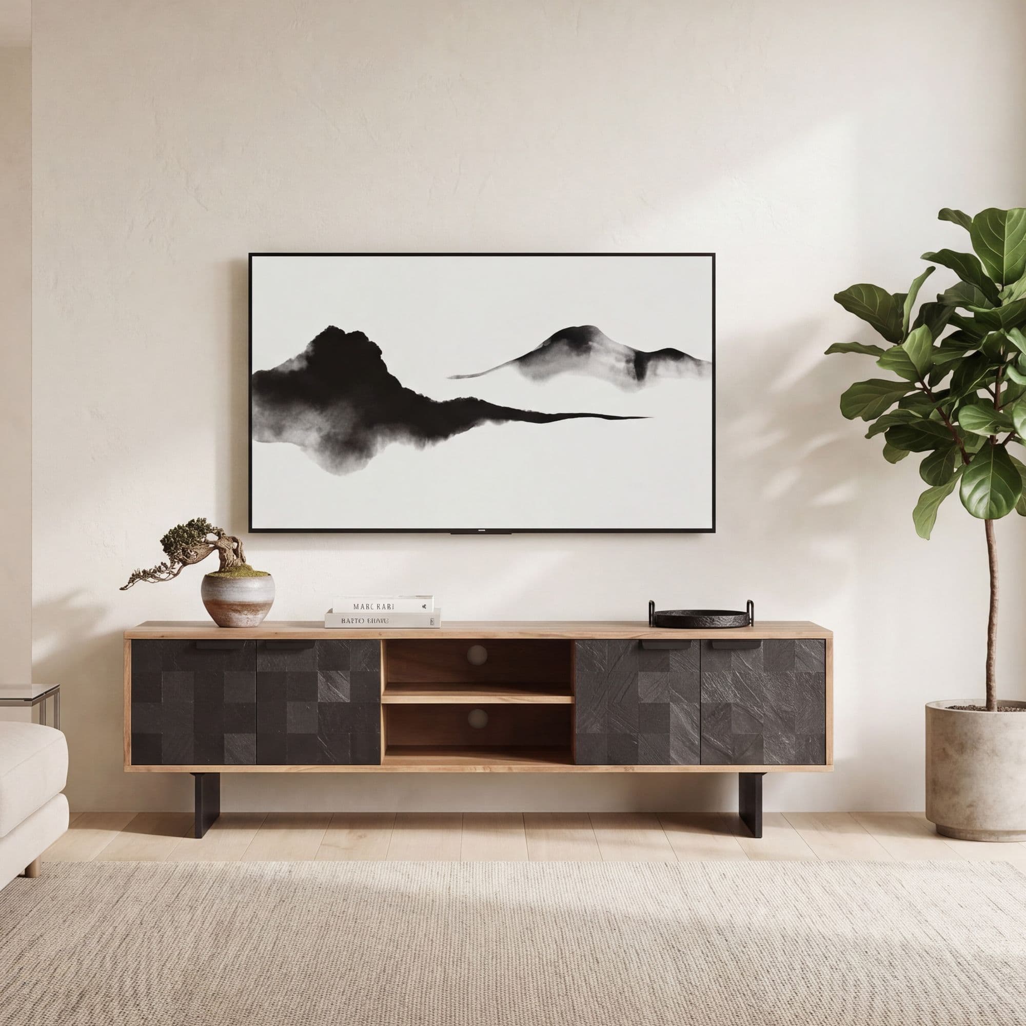 FineBuy Lowboard Akazie Massivholz 150 cm, TV Board mit Steinoptik Fronten & Metallgestell, Fernsehtisch modern mit Stauraum & Kabeldurchführung, TV Schrank Design Industrial für Wohnzimmer