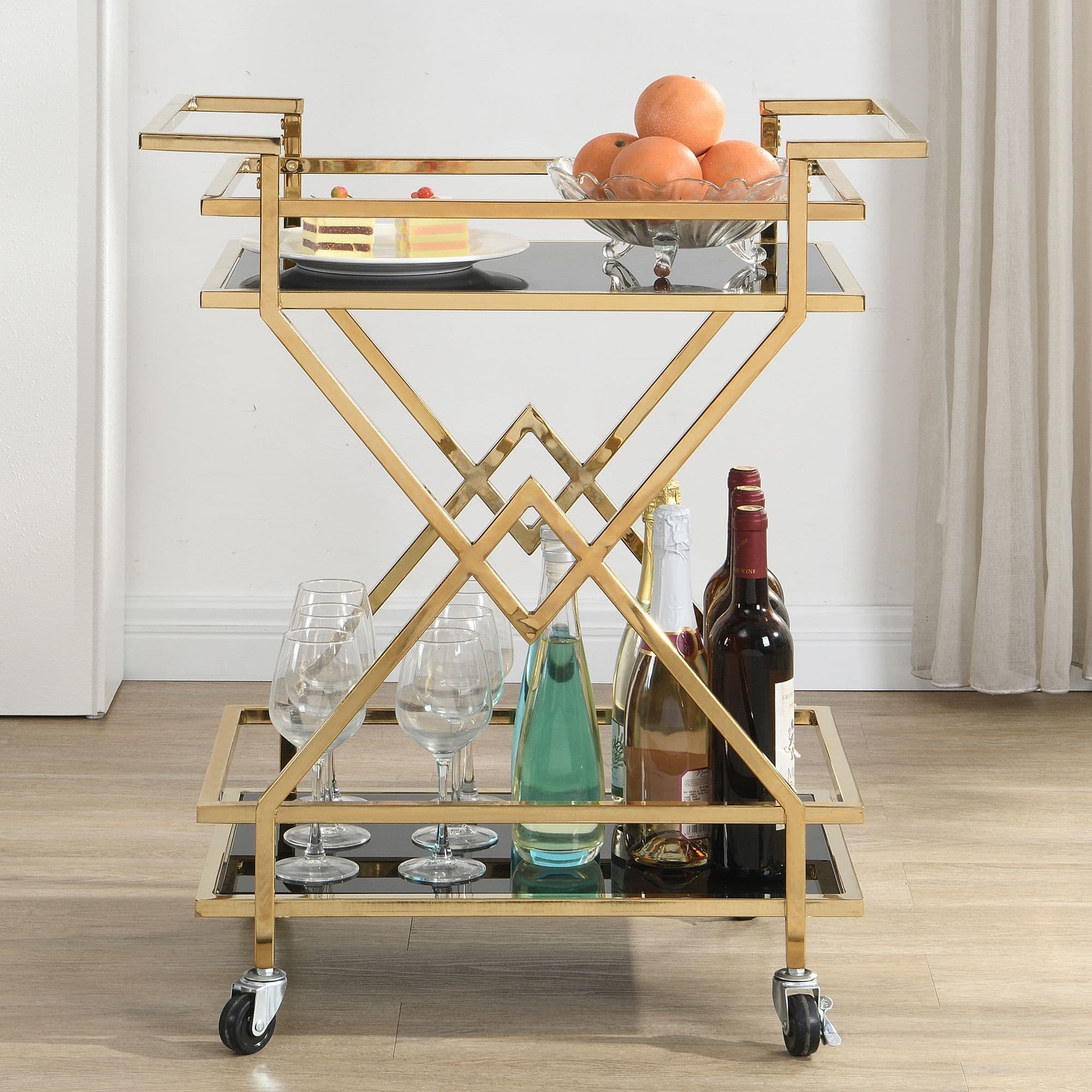 FineBuy Servierwagen Gold mit Glasablagen 65x80x40 cm, Moderner Barwagen auf Rollen, Design Getränkewagen & Teewagen Metall Schwarz Gold für Wohnzimmer Küche Esszimmer Rollwagen Multifunktional
