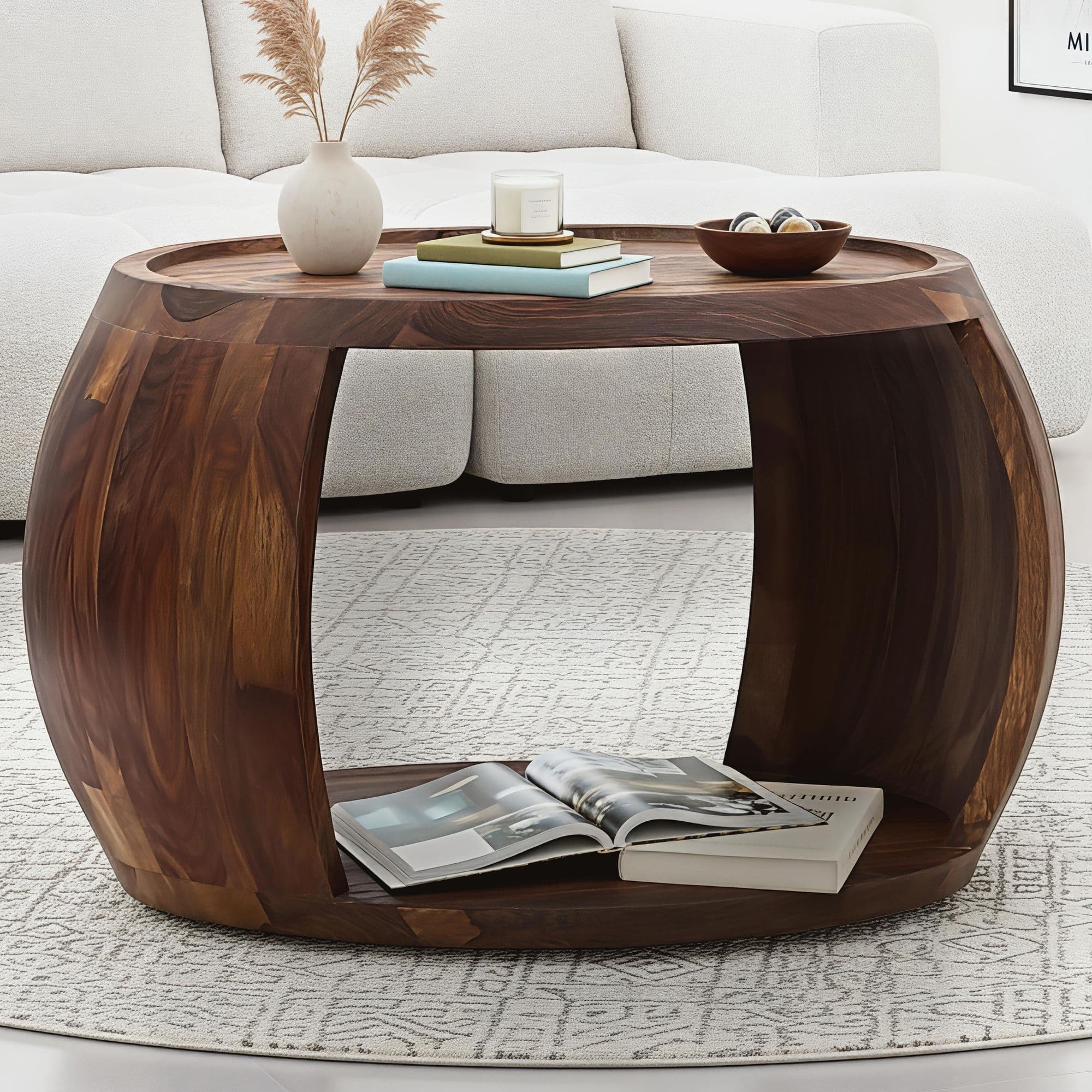FineBuy Couchtisch Sheesham Massivholz rund 60cm  · Wohnzimmertisch mit Ablagefach · Handgefertigter Sofatisch aus Echtholz im natürlichen Landhaus Design