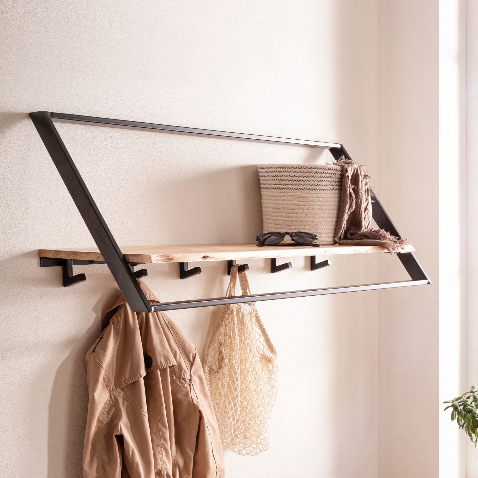 FineBuy Wandgarderobe Akazie Massivholz 100 cm mit Ablage - Industrial Garderobenpaneel mit Hutablage - Wand Garderobenleiste Hakenleiste - 6 Metall Kleiderhaken & Kleiderstange