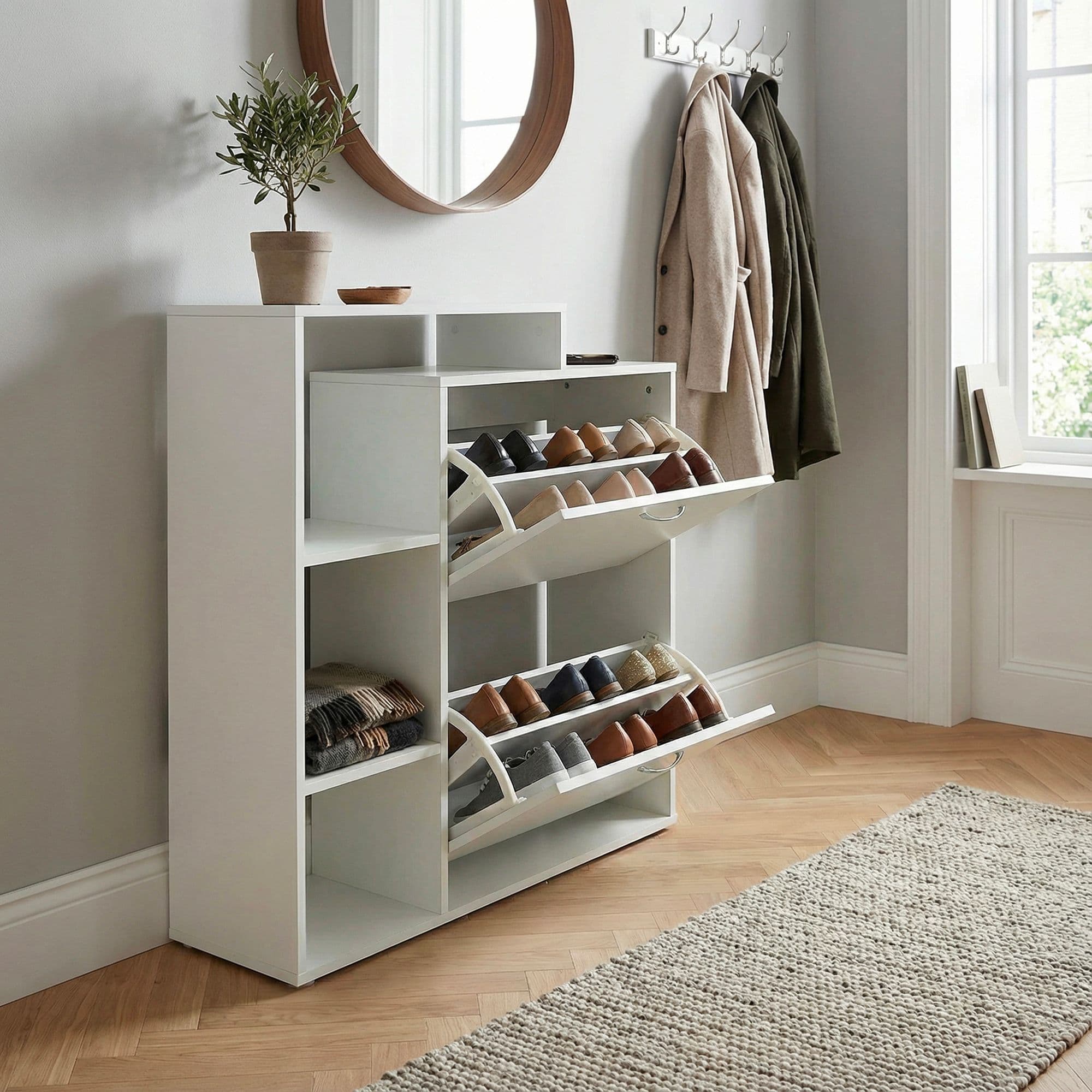 FineBuy Moderner Schuhkipper Holz 2 Fächer Weiß 12 Paar Schuhe, Schuhschrank 85 x 24 x 93 cm, Schuhkommode Flur mit Ablage Regal - Schuhregal