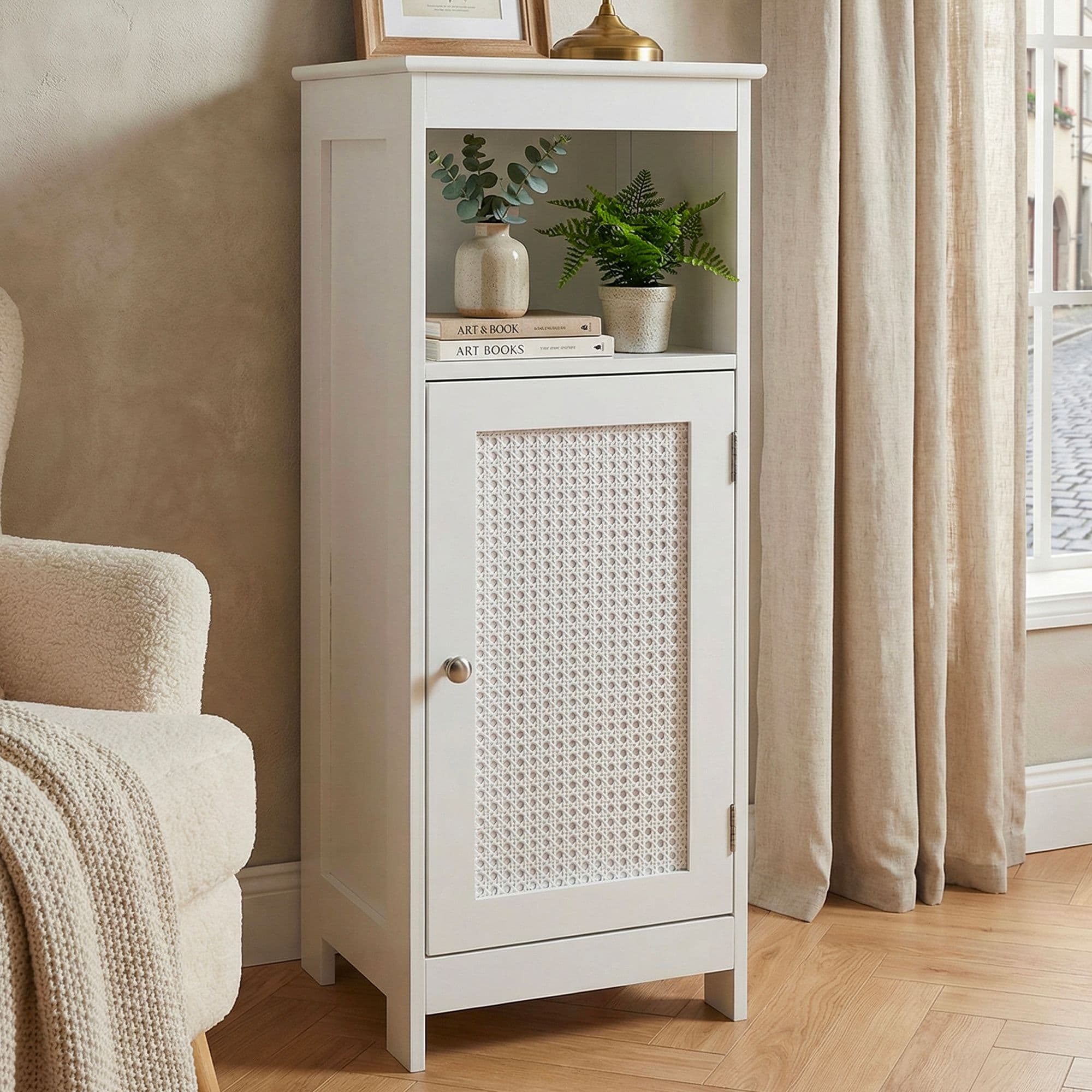 FineBuy Standregal Weiß 80cm – Nischenregal Tür & Ablage Wiener Geflecht – schmales Wohnregal Flur & Wohnzimmer – Stauraumregal - Kleiner Schrank - Kommode
