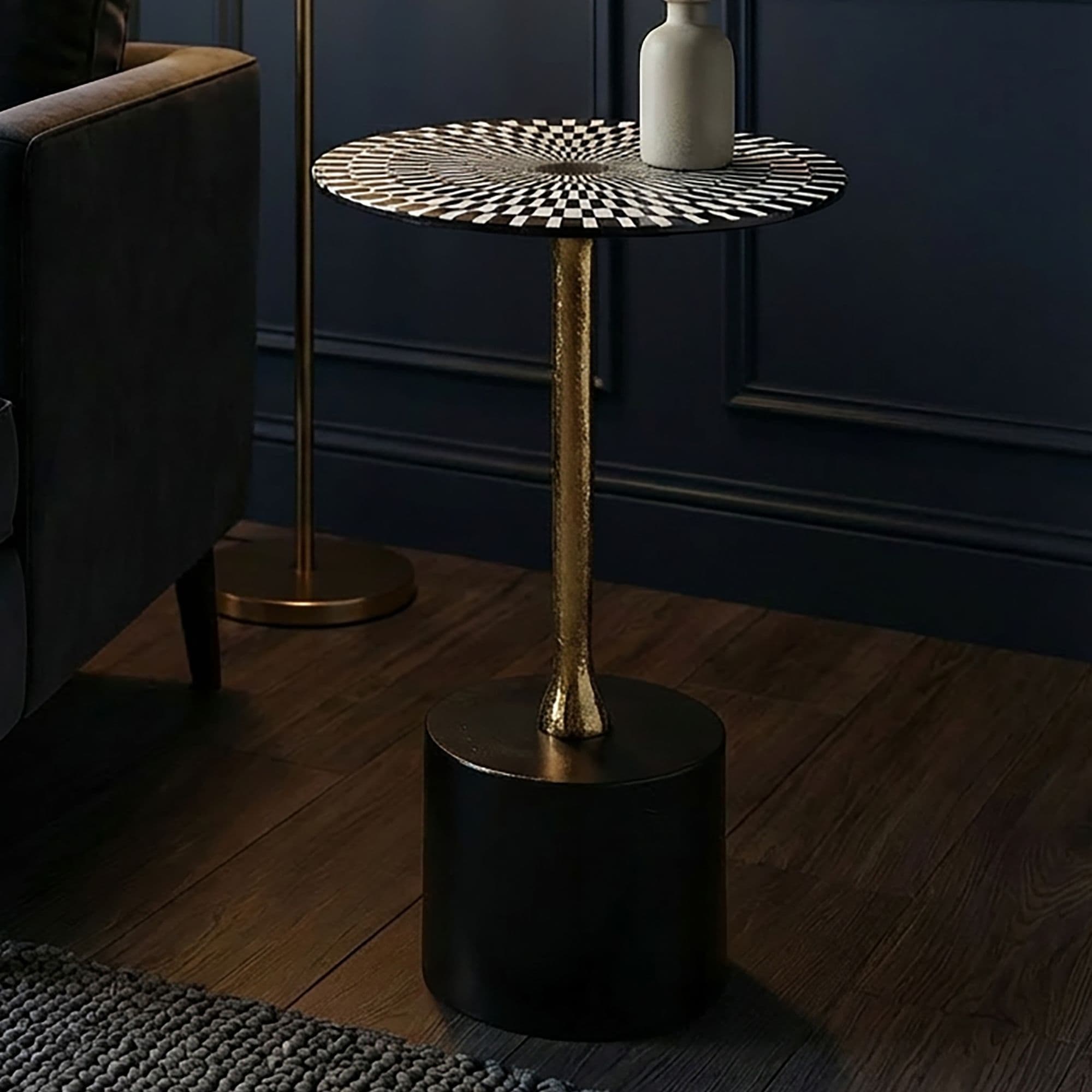FineBuy Beistelltisch Aluminium 49cm Op-Art-Muster - Kleiner runder Anstelltisch aus Metall - Design Wohnzimmertisch - Dekotisch - Couchtisch - Metalltisch Handmade pflegeleicht