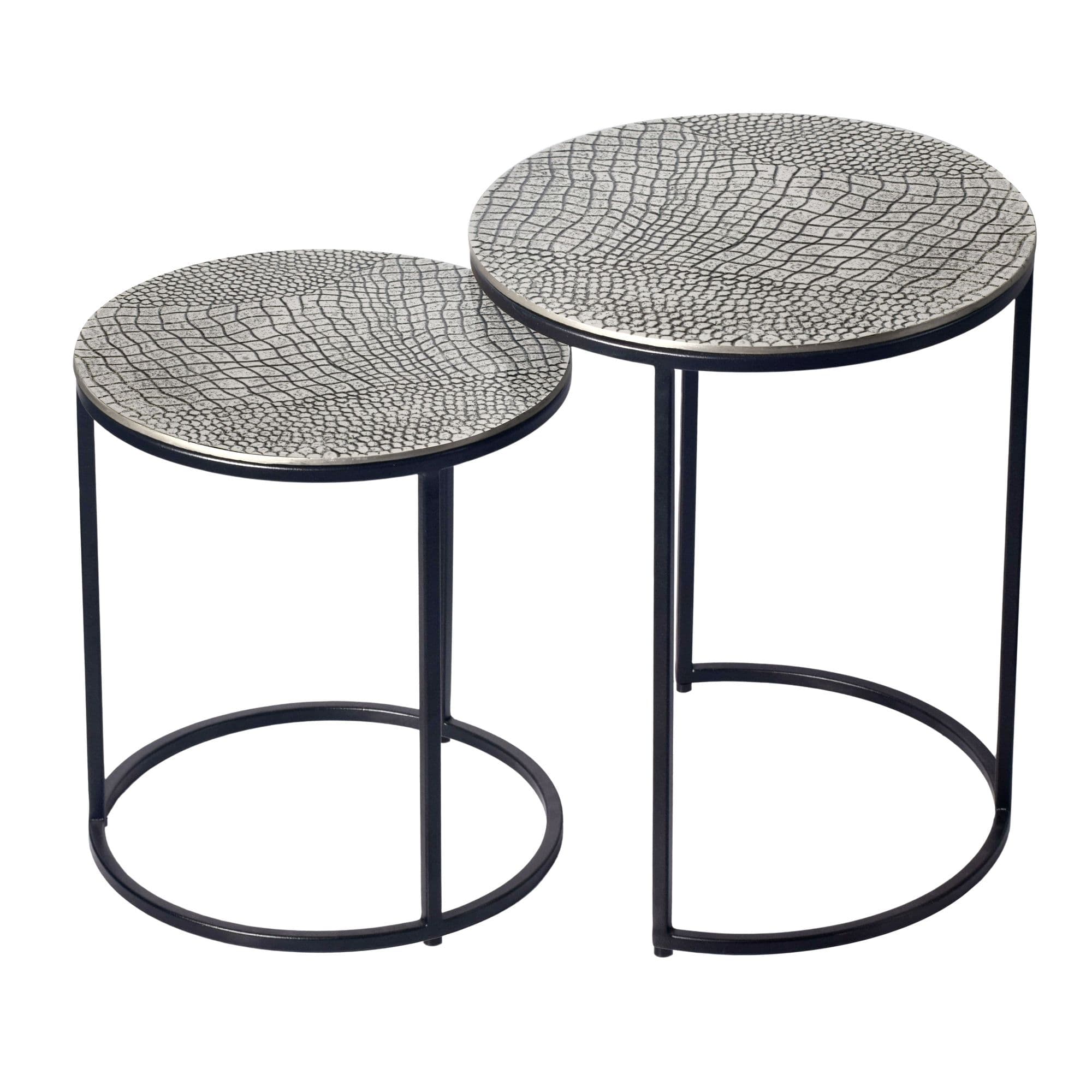 FineBuy Satztisch Metall 2er Set rund - Beistelltisch Aluminium Tischplatten mit Muster - Design Couchtisch Anstelltisch modern Eisen Gestell - Dekotisch Wohnzimmertisch Handmade