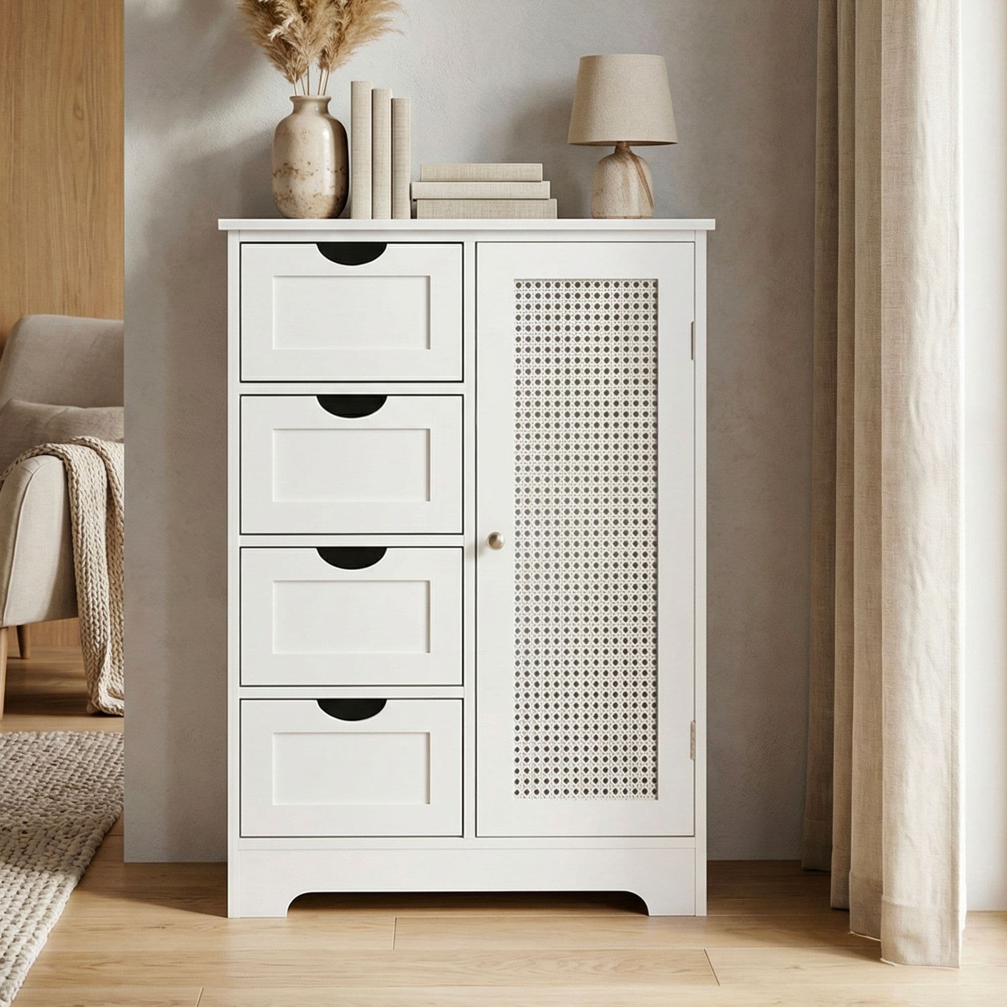 FineBuy schmaler Standschrank mit Schubladen und Tür 55x80 cm – Aufbewahrungsschrank aus MDF Weiß – Kommode mit Rattan Geflecht – Schrank für Flur und Wohnzimmer – Schubladenkommode modern