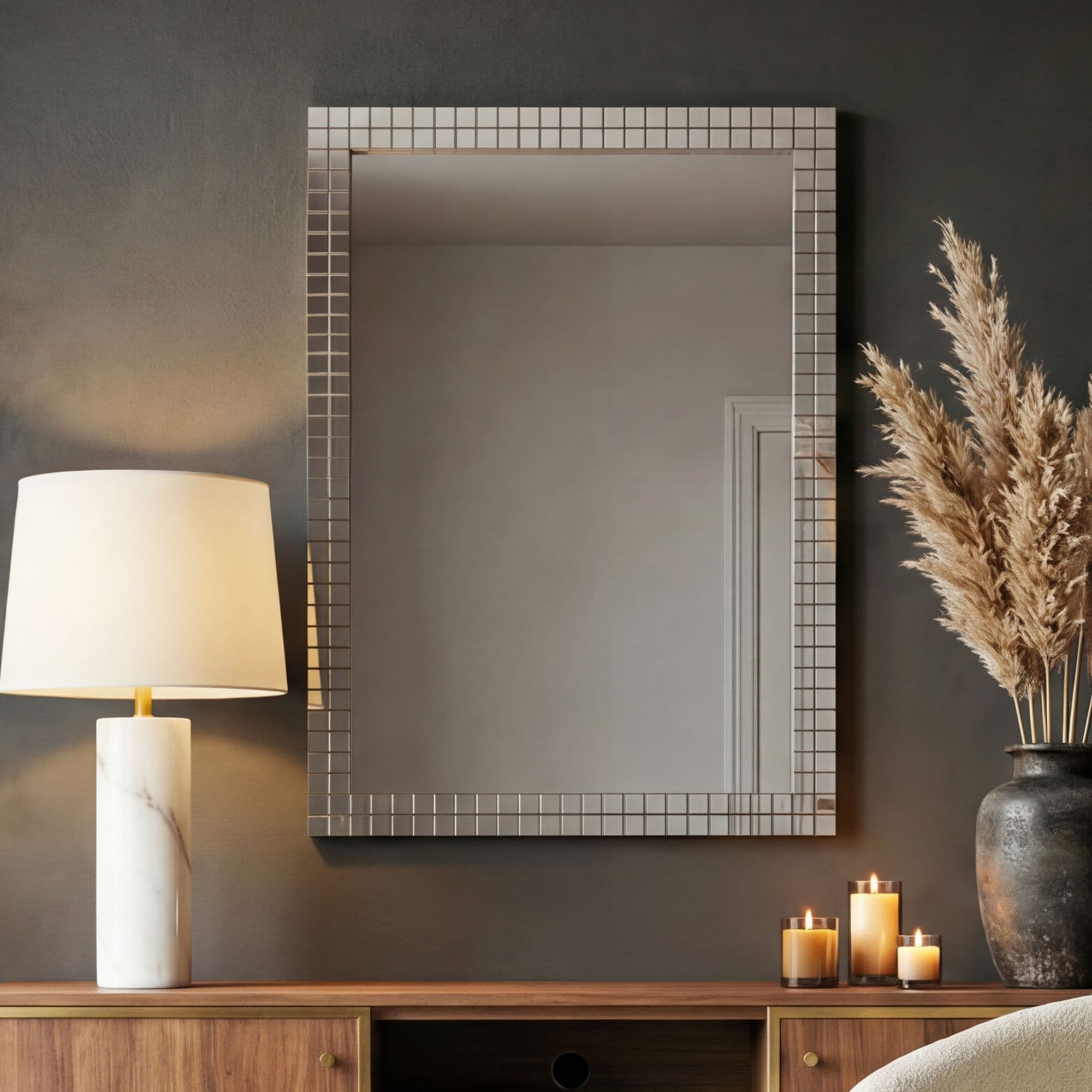 FineBuy Wandspiegel 60x90 cm mit Mosaikrahmen – Spiegel rechteckig – Wohnspiegel aus Glas – Hängespiegel Flurspiegel modern – Wohnzimmerspiegel vertikal & horizontal – Dekospiegel Handmade