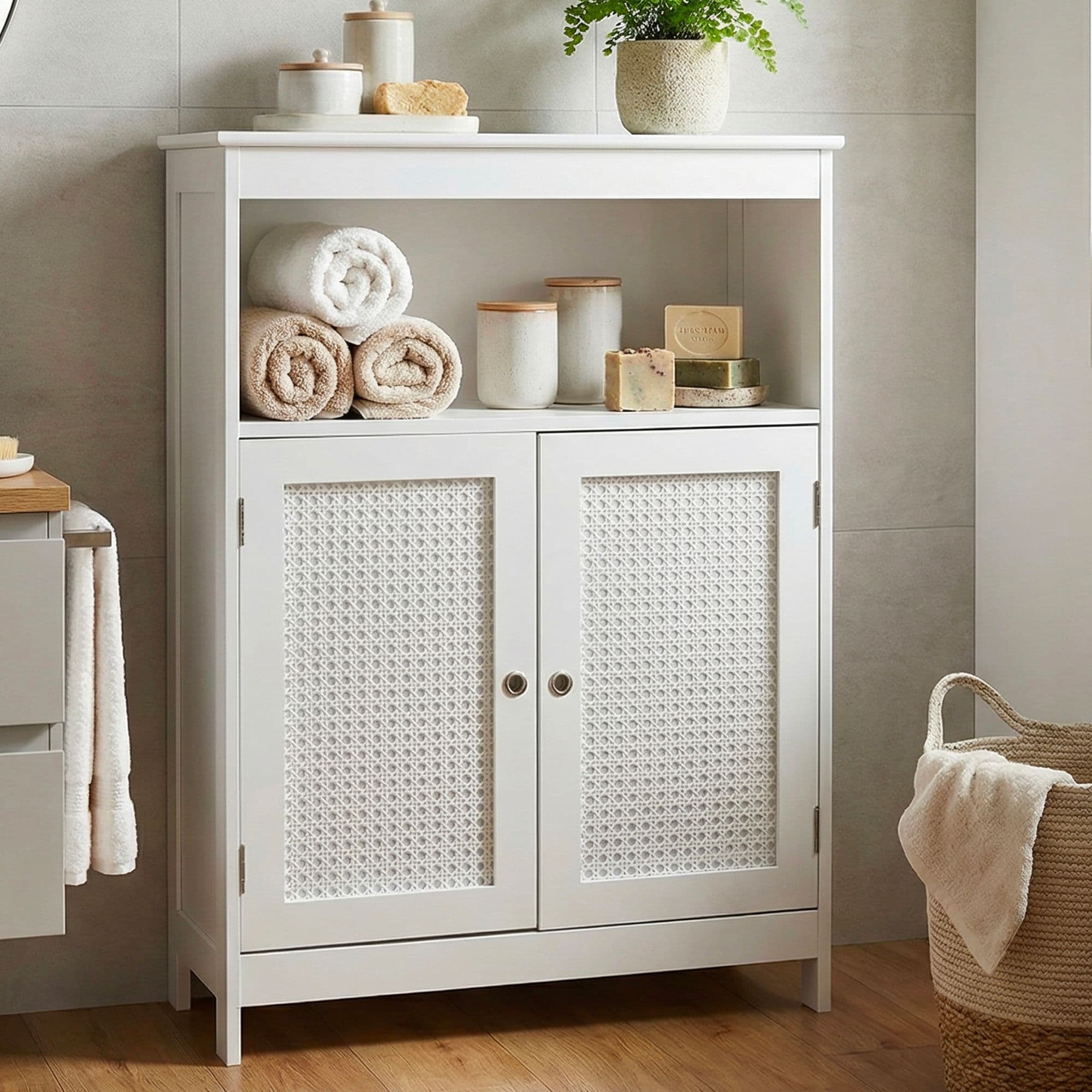 FineBuy Badschrank 80 x 60 x 28 cm Weiß - Schmaler Badezimmerschrank Türen & Ablage - Aufbewahrungsschrank Wiener Geflecht - Badezimmer Badregal Bad Badezimmerregal