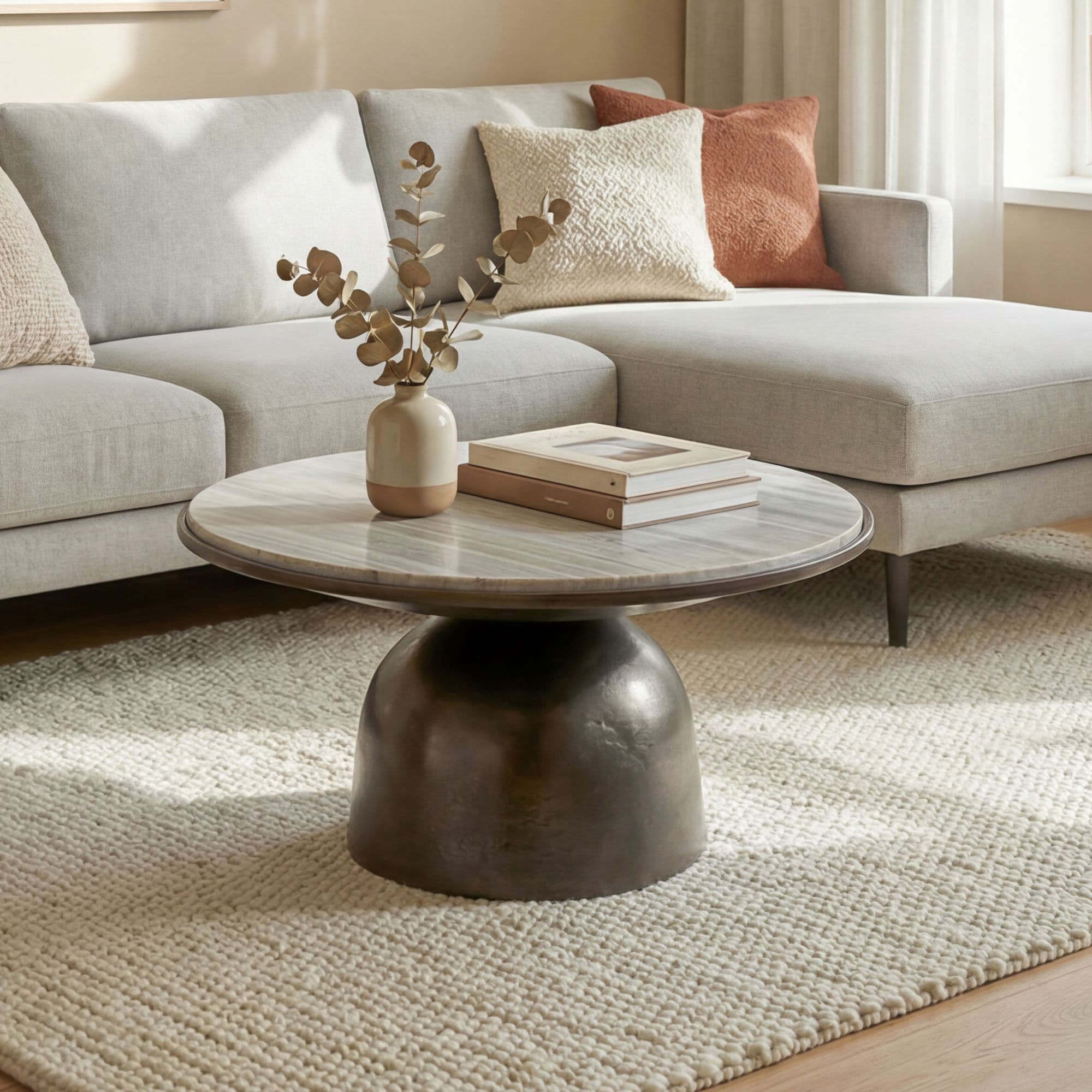 FineBuy Couchtisch 60cm Aluminium mit weißer Marmor Tischplatte - Runder Wohnzimmertisch - Design Sofatisch - Moderner Loungetisch - Edler Beistelltisch Wohnzimmer Handmade