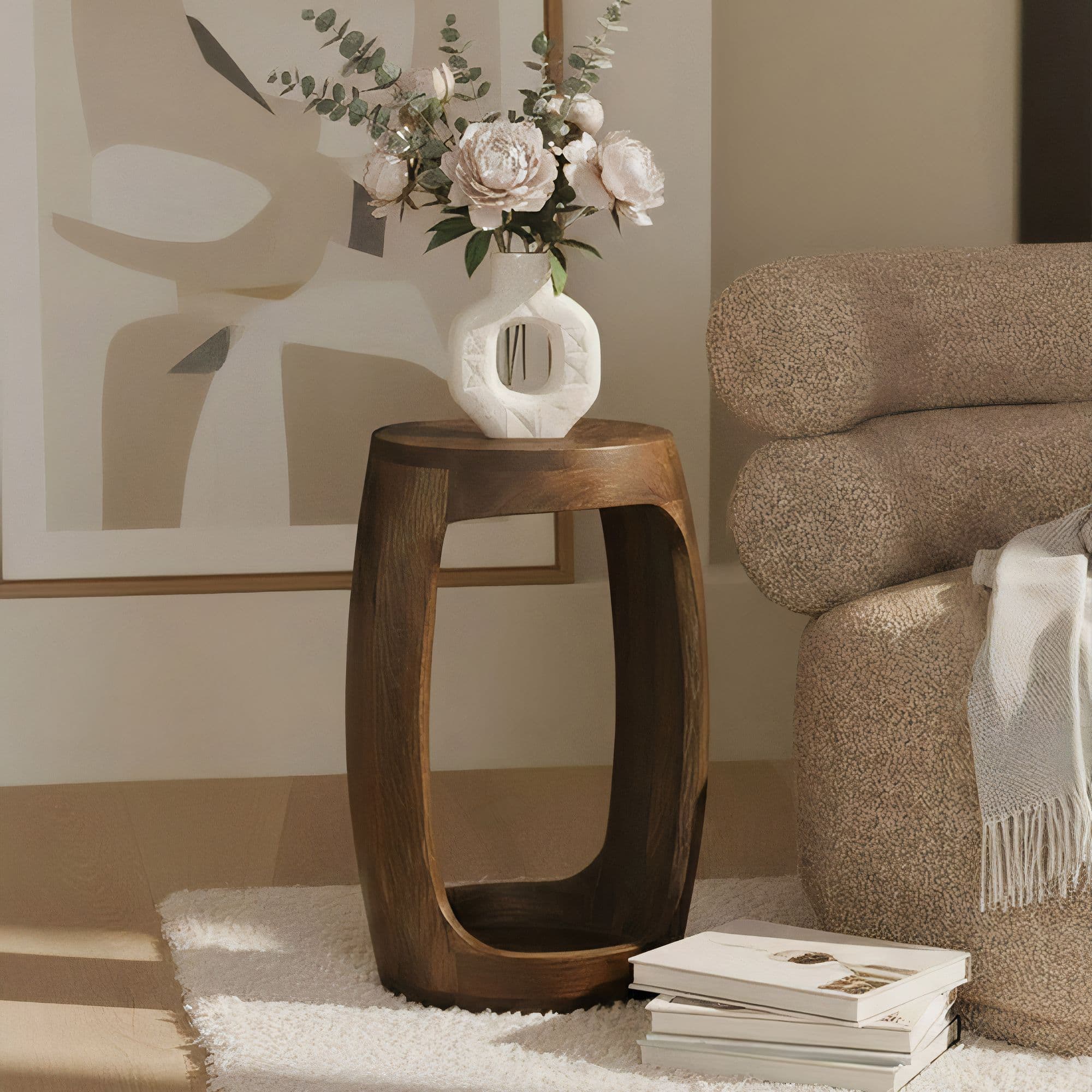 FineBuy Beistelltisch Mango Massivholz rund 30cm - Kleiner Runder Couchtisch mit offenem Fach - Handgefertigter Wohnzimmertisch im modernen Design aus Echtholz