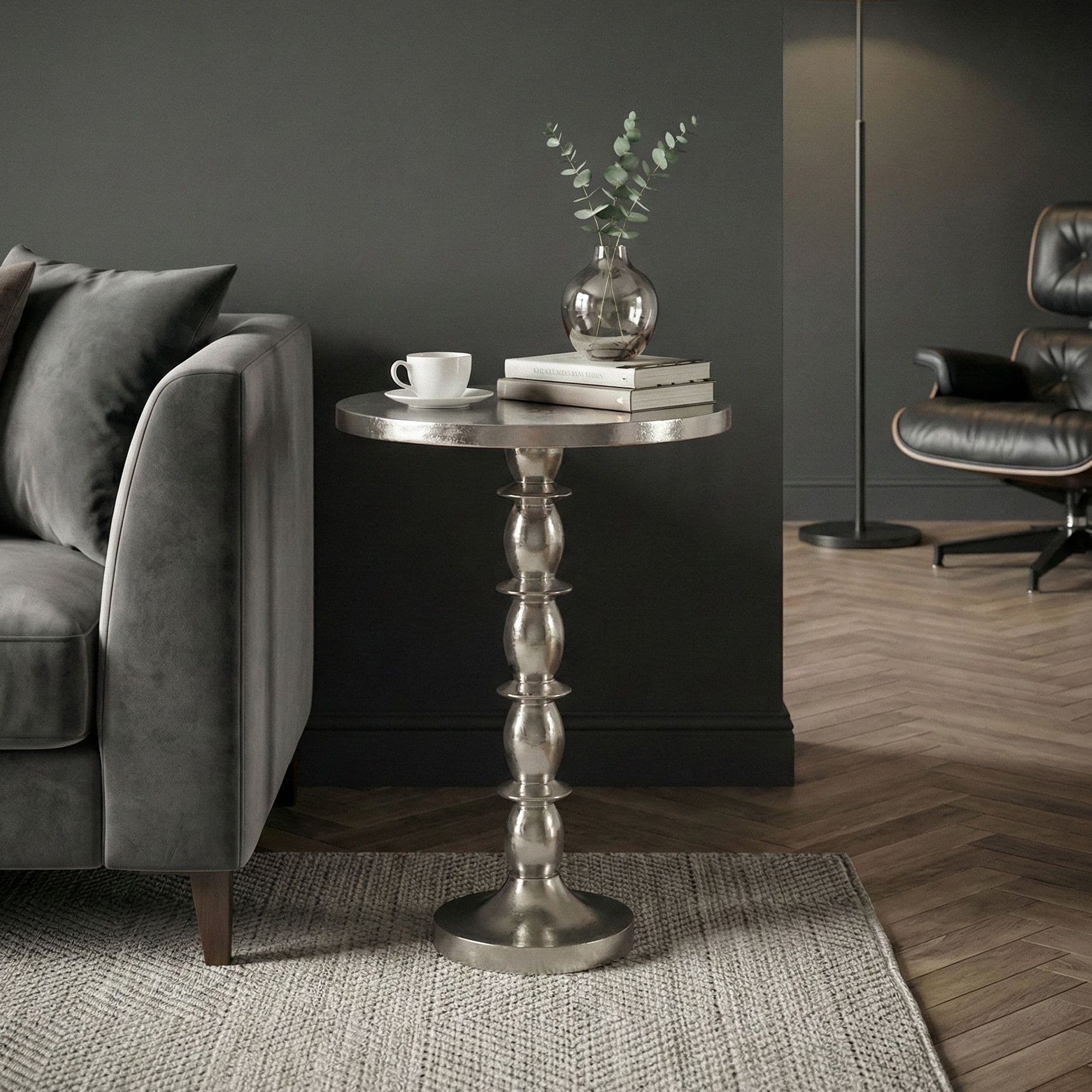 FineBuy Beistelltisch Silber 40cm Aluminium Tisch Rund - Anstelltisch Raw Finish - Design Wohnzimmertisch Dekotisch - Metalltisch Orientalisch Modern - Sofatisch Couchtisch Handmade