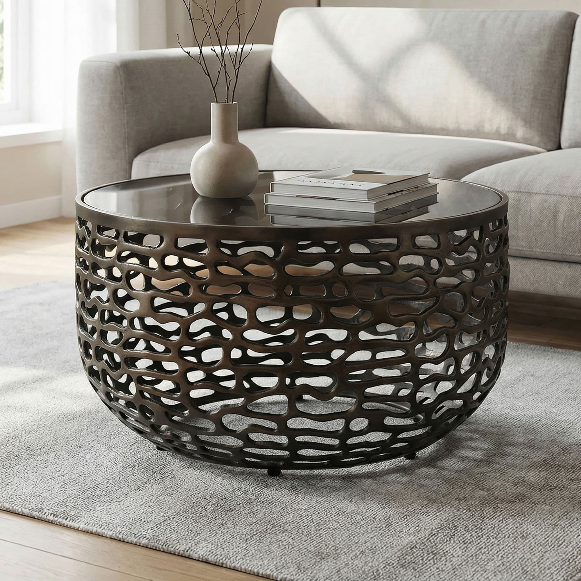 FineBuy Couchtisch Aluminium Glas 60cm Schwarz - Runder Wohnzimmertisch Metall - Design Sofatisch - Moderner Loungetisch Gitteroptik - Beistelltisch Wohnzimmer Handmade