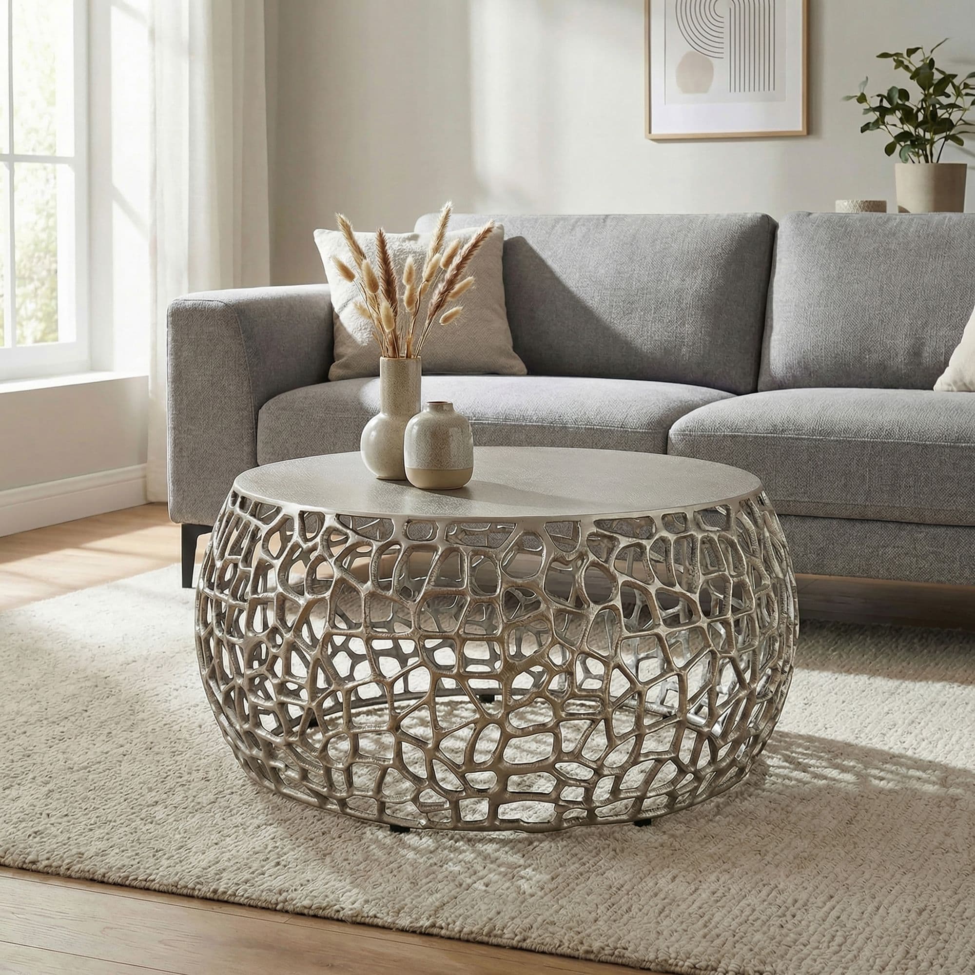 FineBuy Couchtisch Metall Silber 60cm Sofatisch Aluminium Rund - Design Wohnzimmertisch mit Ast Struktur - Kleiner Kaffeetisch Modern - Beistelltisch Anstelltisch Wohnzimmer Handmade