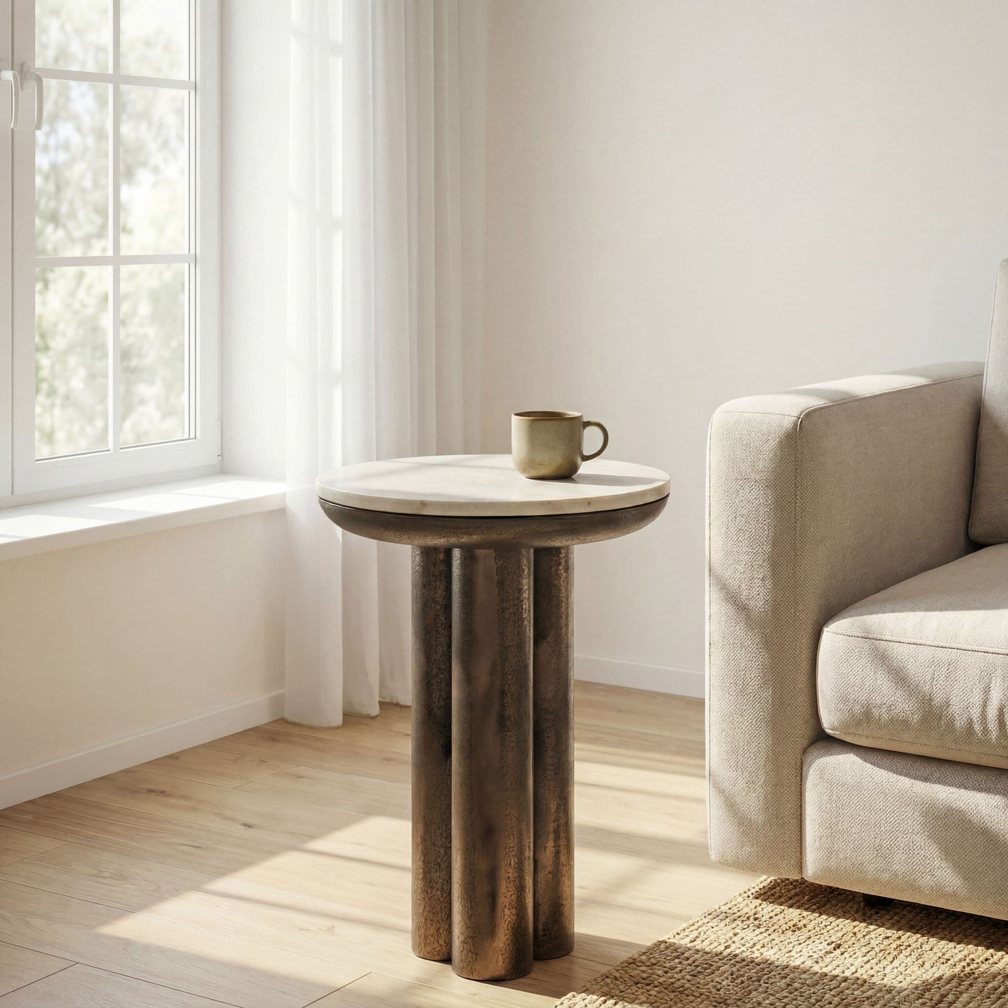 FineBuy Beistelltisch Metall mit weißer Marmor Tischplatte 36cm Rund - Design Anstelltisch Aluminium - Loungetisch Säulenbein - Alu Sofatisch - Couchtisch Wohnzimmertisch Klein Handmade