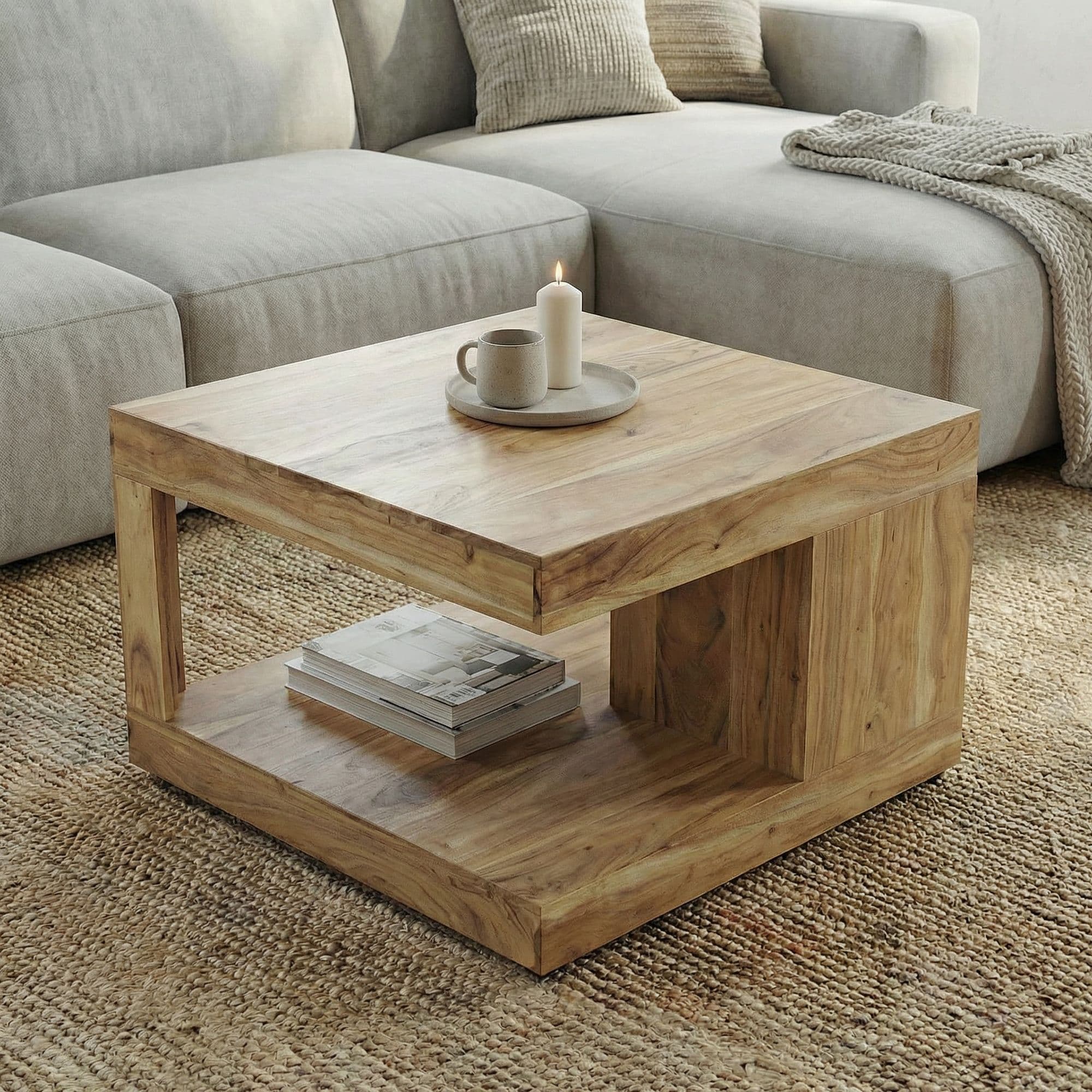 FineBuy Couchtisch Akazie Massivholz 60cm - Quadratischer Wohnzimmertisch mit Ablagefach - Design Sofatisch Holz - Offener Loungetisch - Natur Beistelltisch Handmade