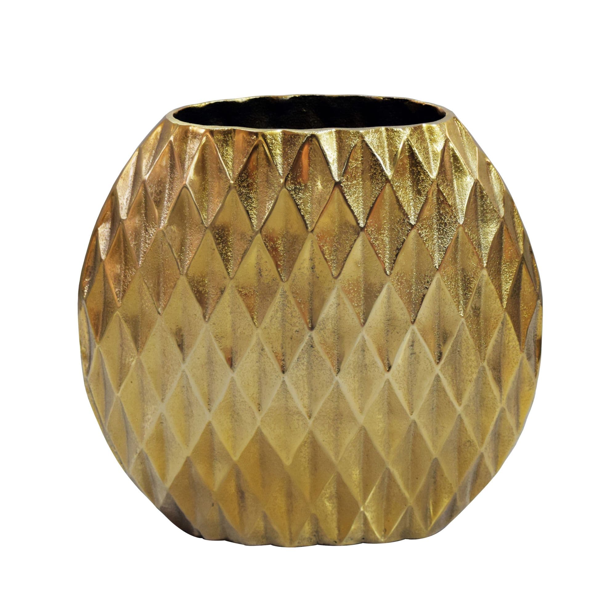 FineBuy Tischvase Aluminium 33,5cm - Dekovase rund mit Rautenmuster - Metall Vase modern - Wohnzimmer Deko Alu - Design Vase flach Tisch Dekoration Handmade