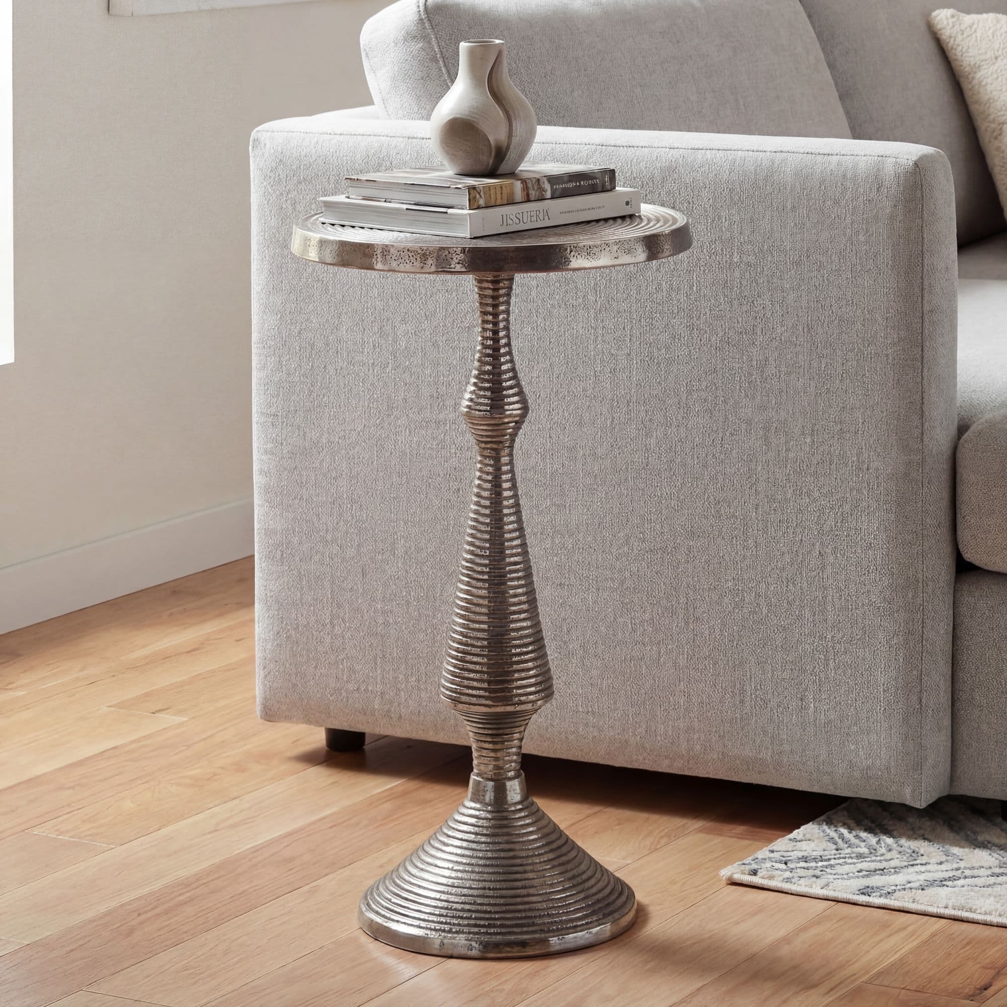 FineBuy Beistelltisch Silber 30cm Aluminium Tisch Rund - Anstelltisch Metall Dekotisch - Design Wohnzimmertisch Rillenoptik - Sofatisch Modern - Couchtisch Handmade