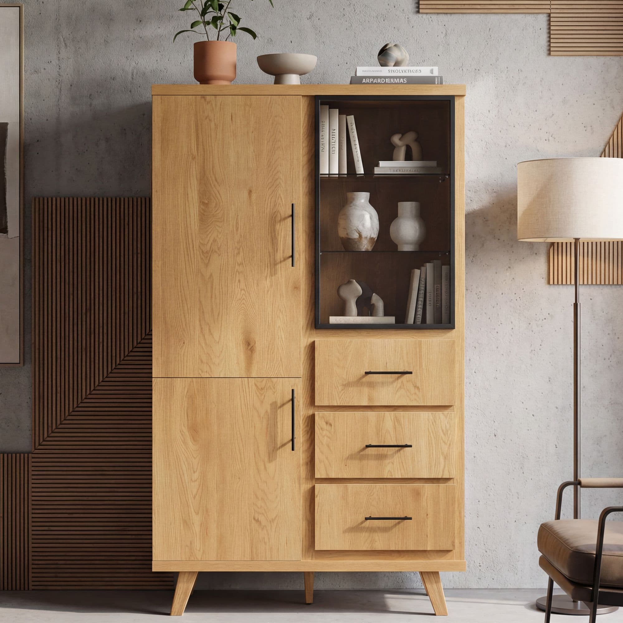 FineBuy Hochschrank MDF 188cm Eiche Dekor Groß mit Türen und Schubladen - Design Standschrank - Mehrzweckschrank Holzoptik - Wohnzimmerschrank Modern - Esszimmerschrank mit Regal