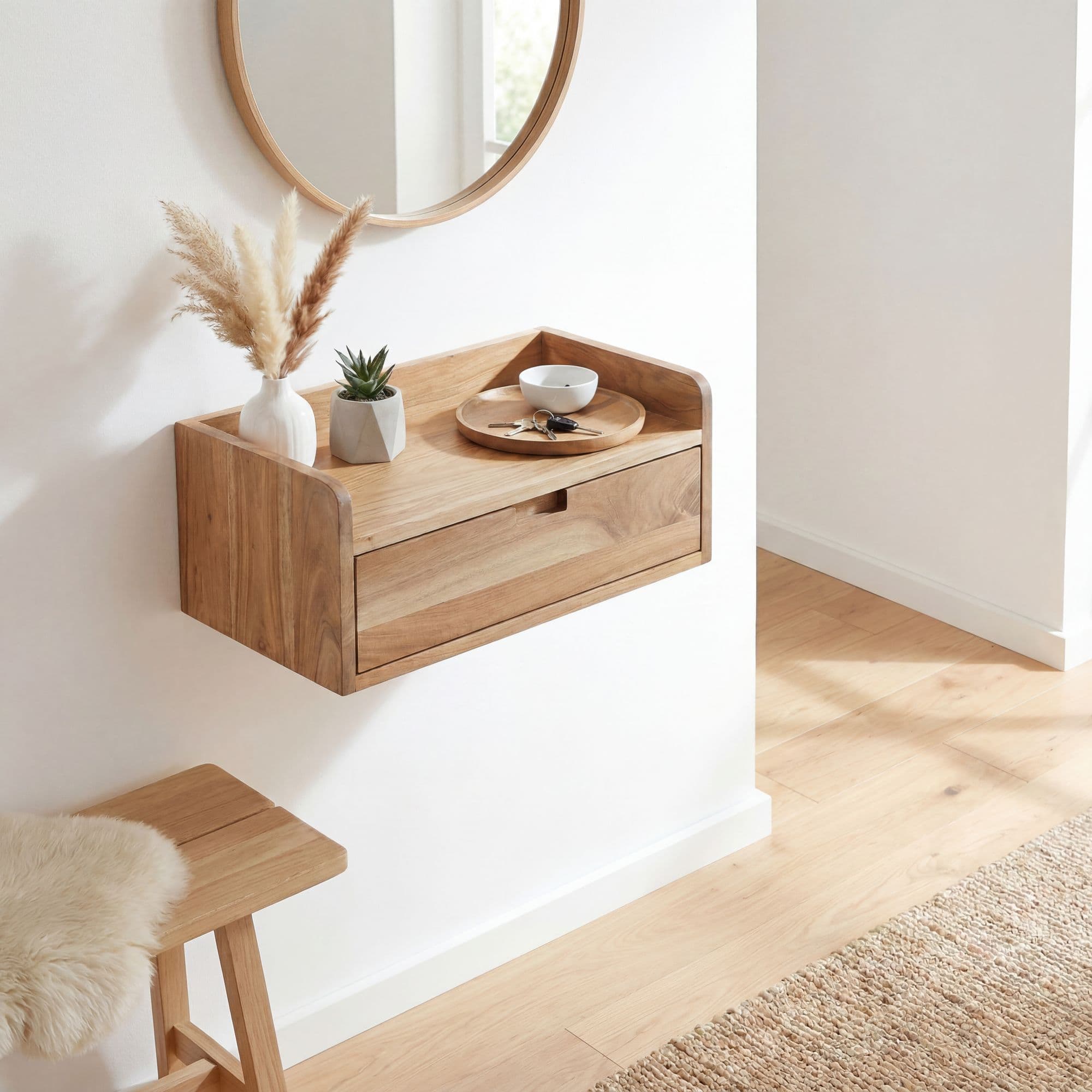 FineBuy Wandregal Akazie Massivholz 45x30cm Schwebendes Regal mit Schublade - Design Schweberegal - Hängeregal Holz - Wandboard Handmade