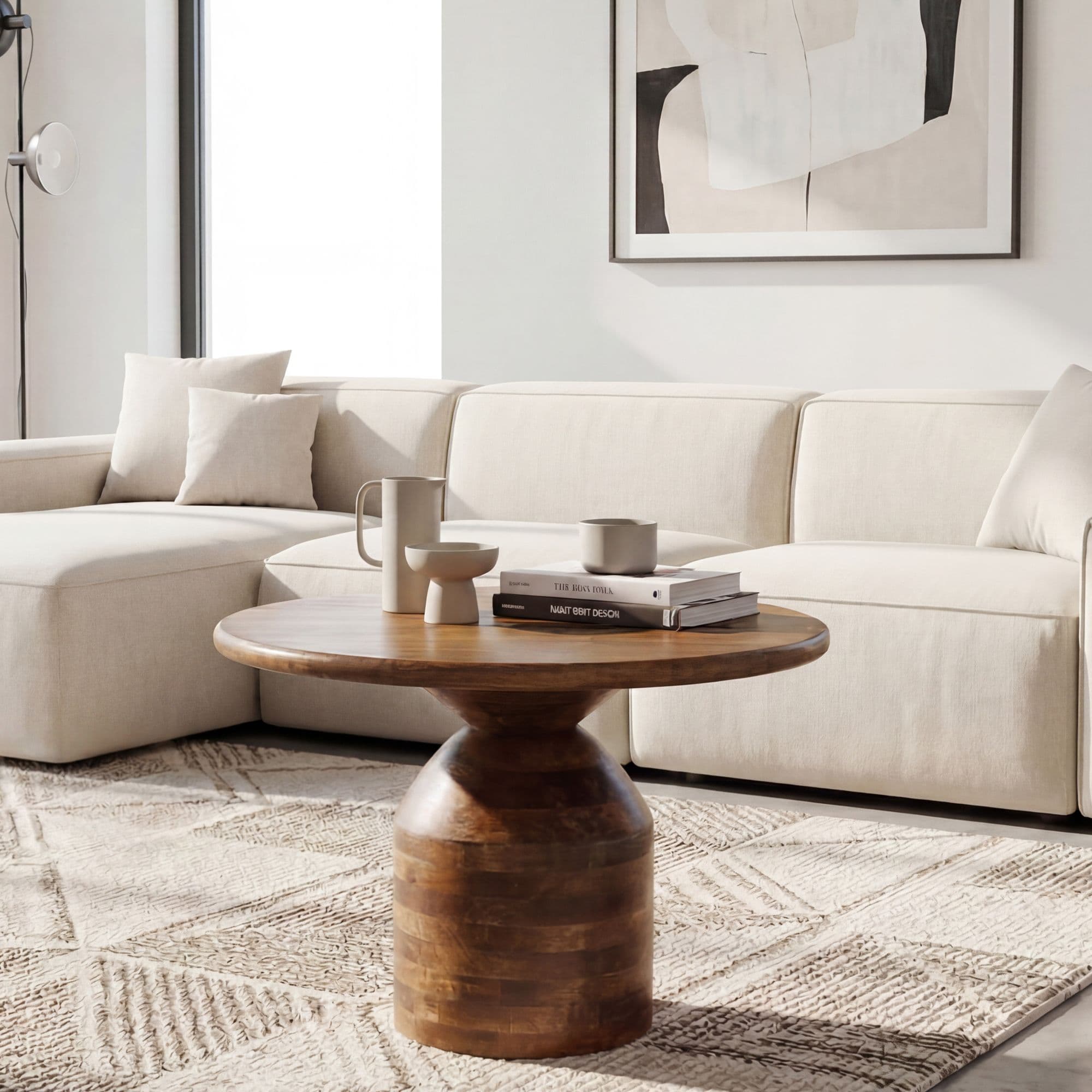 FineBuy Couchtisch Mango Massivholz 60cm Natur Rund - Design Wohnzimmertisch - Sofatisch Holz - Kaffeetisch Säulenfuß - Beistelltisch Massiv Handmade