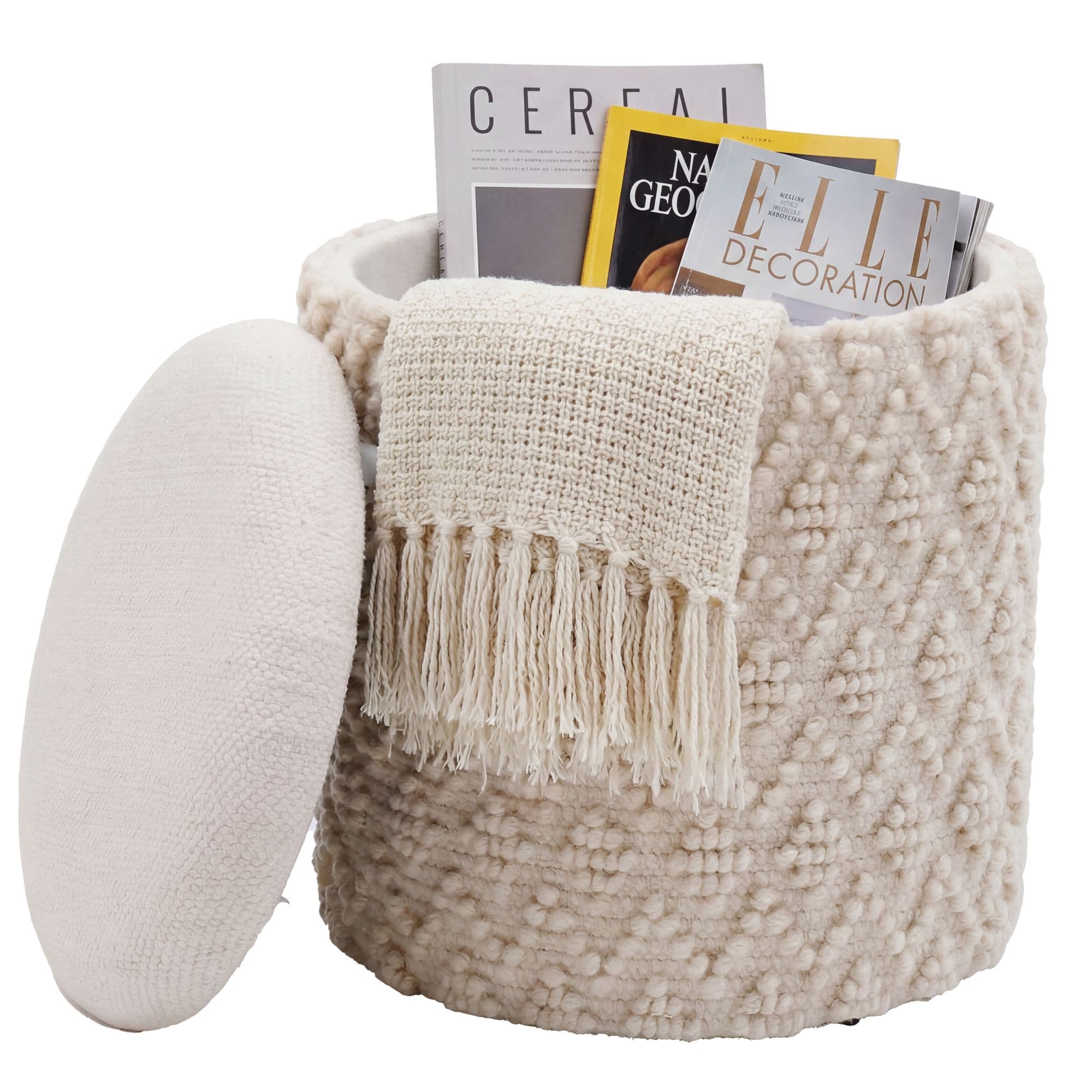 FineBuy Sitzhocker mit Stauraum aus Wolle 40cm Creme Stoff Rund - Design Boho Stoffhocker mit abnehmbarem Deckel - Polsterhocker Schminktisch Hocker - Beistellhocker für Wohnzimmer Handmade