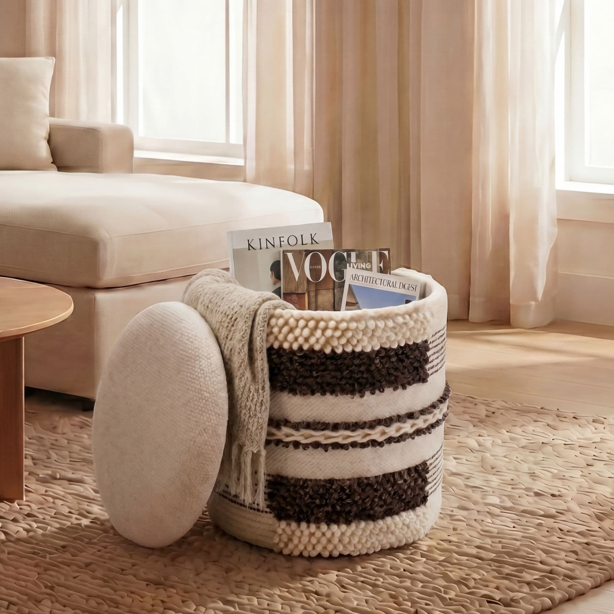 FineBuy Sitzhocker mit Stauraum aus Wolle 40cm Beige Stoff Rund - Design Boho Stoffhocker mit abnehmbarem Deckel - Polsterhocker Schminktisch Hocker - Beistellhocker für Wohnzimmer Handmade