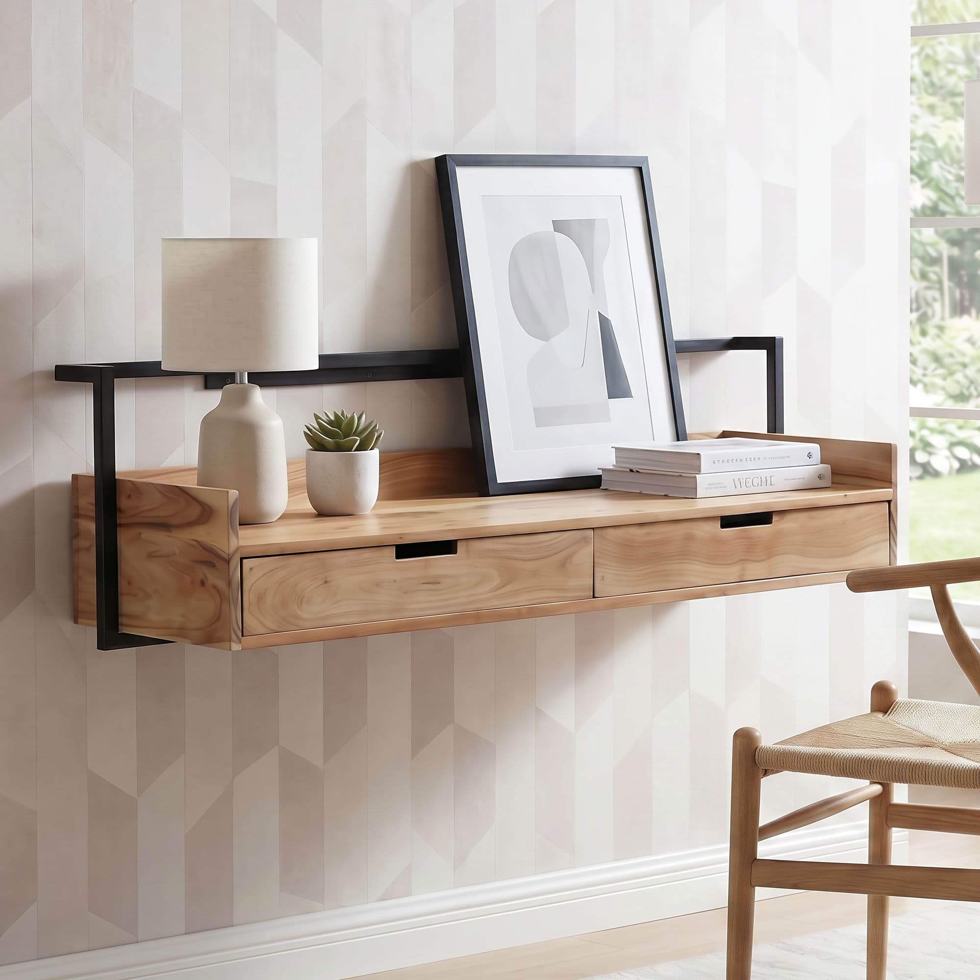 FineBuy Wandschreibtisch Akazie Massivholz 120cm mit 2 Schubladen - Design Schreibtisch für die Wand Hängend mit Stauraum - Schwebend Handmade