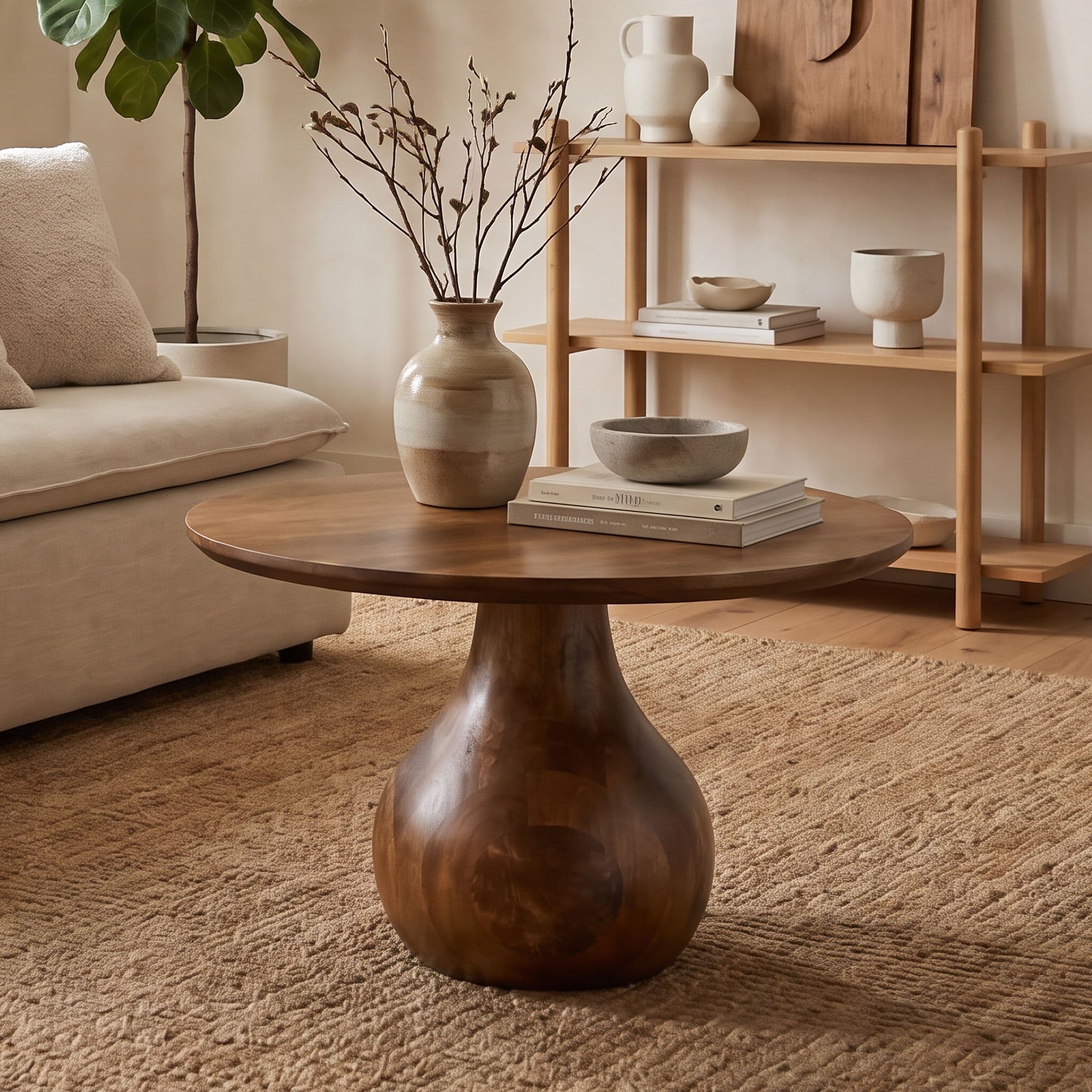 FineBuy Couchtisch Mango Massivholz 60cm Natur Rund - Design Wohnzimmertisch - Sofatisch Holz Kaffeetisch Tropfenform - Beistelltisch Teardrop Tisch Massiv Handmade