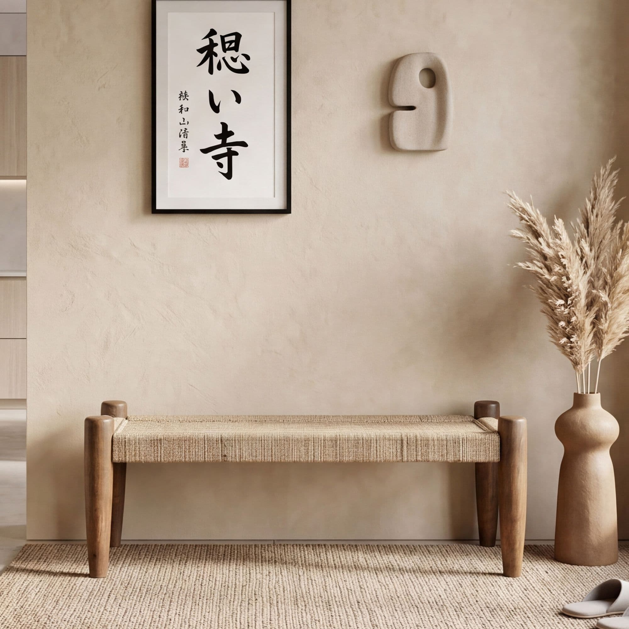 FineBuy Sitzbank 120cm Jute Mango Massivholz Braun - Flurbank Holzbank Eingangsbereich - Bettbank Dielenbank für den Flur - Schlafzimmer Belastbar bis 200 kg Handmade