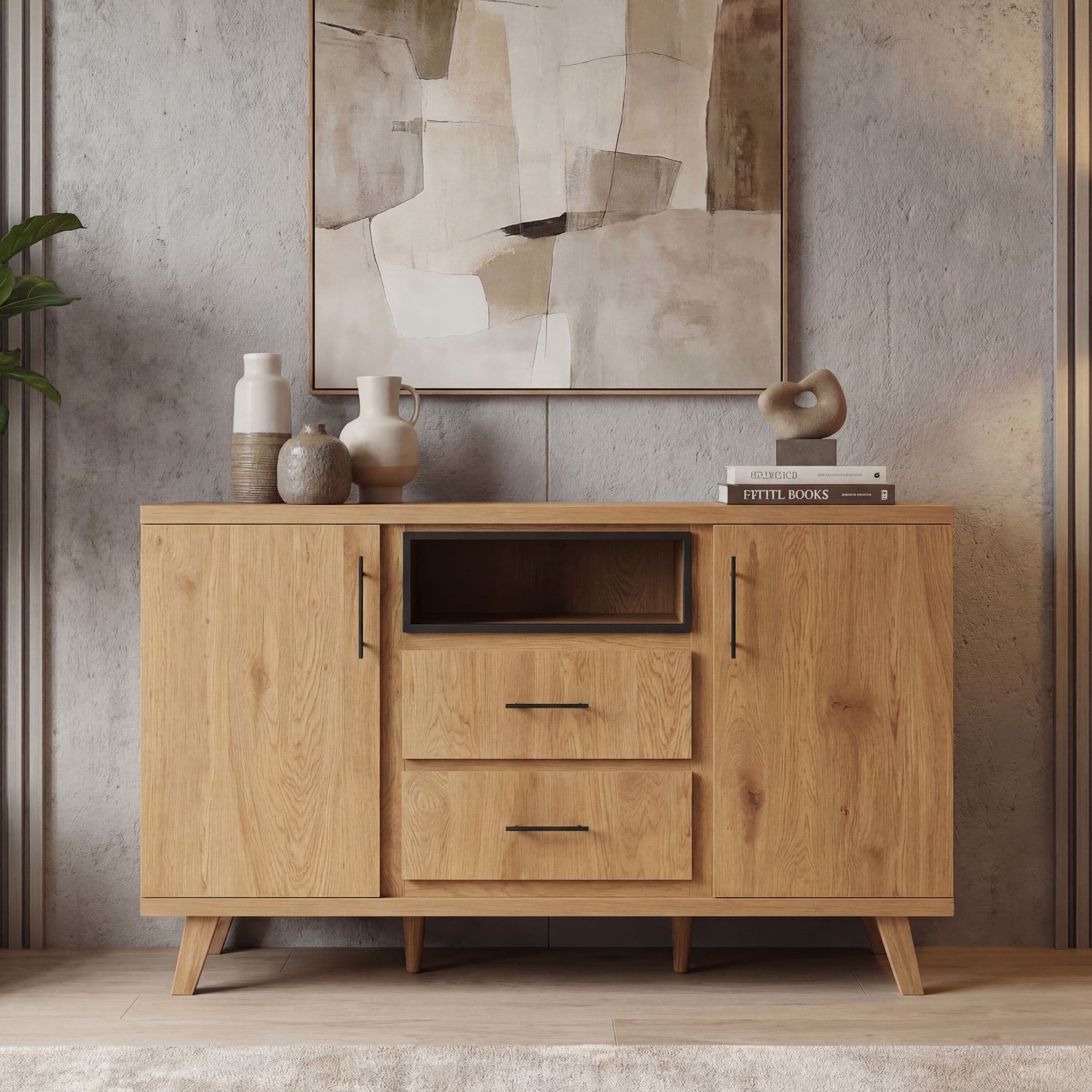 FineBuy Sideboard Eiche Dekor 150cm - Kommode mit 2 Türen und 2 Schubladen - Design Anrichte offenes Ablagefach - Standschrank Modern