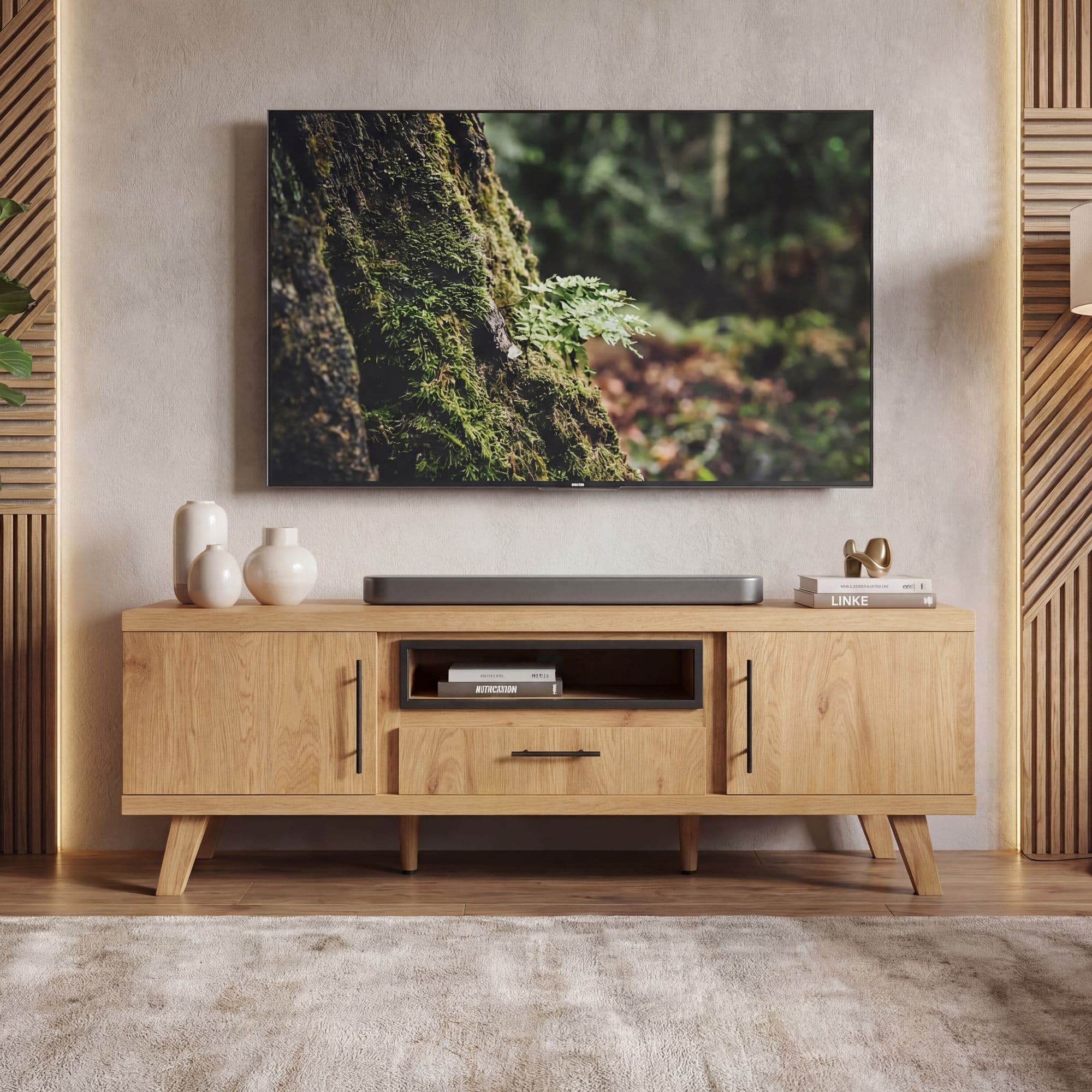 FineBuy TV Lowboard 150cm Eiche Dekor - Moderner Fernsehschrank mit 2 Türen und Schublade - Stilvolle Fernsehkommode TV Kommode - Elegante TV Anrichte fürs Wohnzimmer