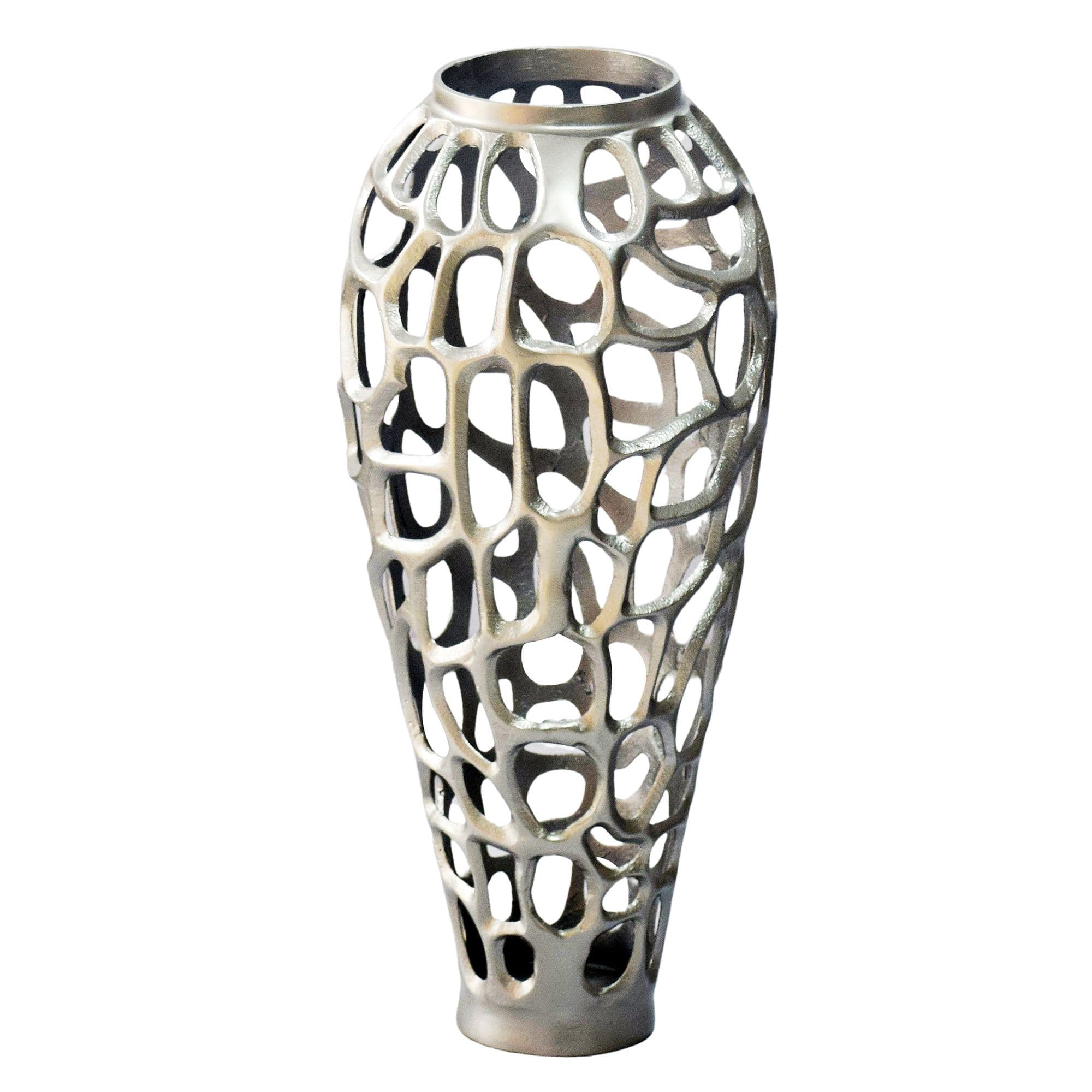 FineBuy Bodenvase Aluminium Silber - Design Blumenvase Groß - Metallvase Modern - Dekovase rund für Trockenblumen - Standvase Hoch - Wohnzimmer Deko - Wohndeko Handmade