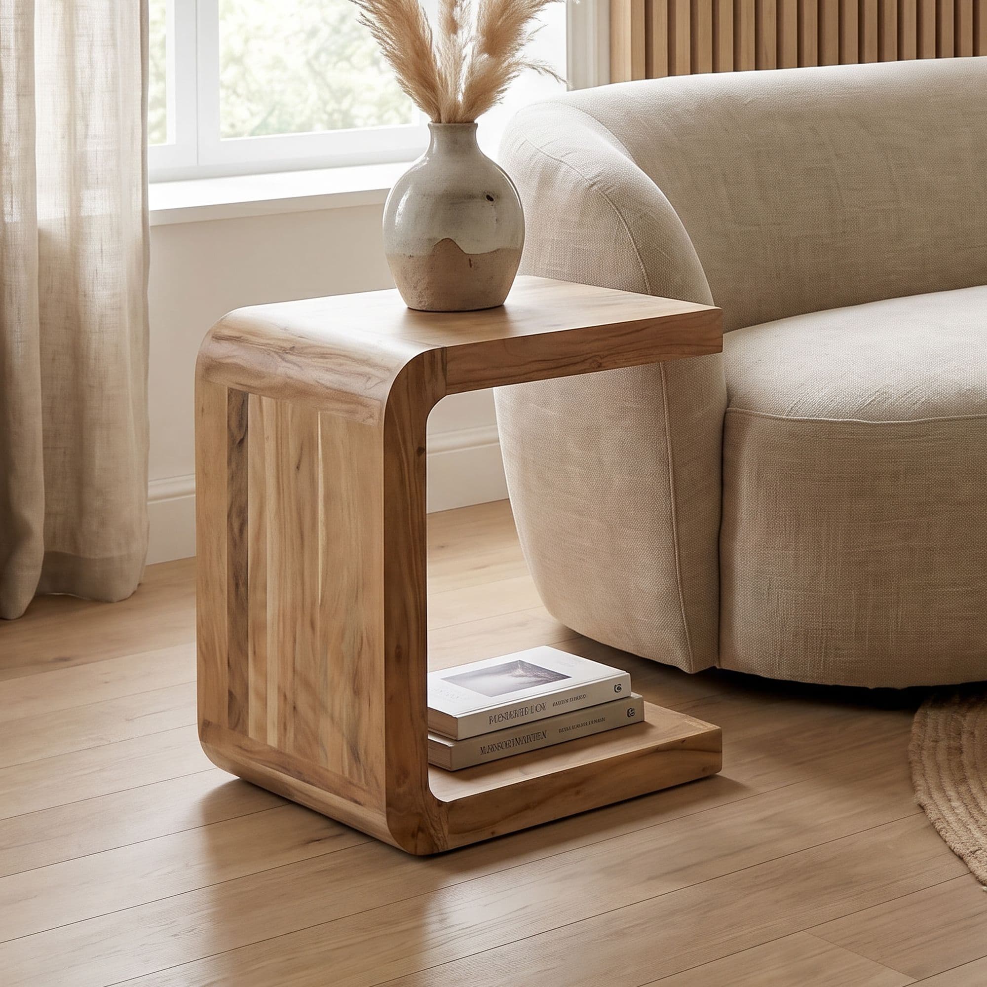 FineBuy Beistelltisch C Form Akazie Massivholz 45cm Anstelltisch Modern - Design Couchtisch Massiv - Kleiner Abstelltisch Holz - Wohnzimmertisch Kaffeetisch Handmade