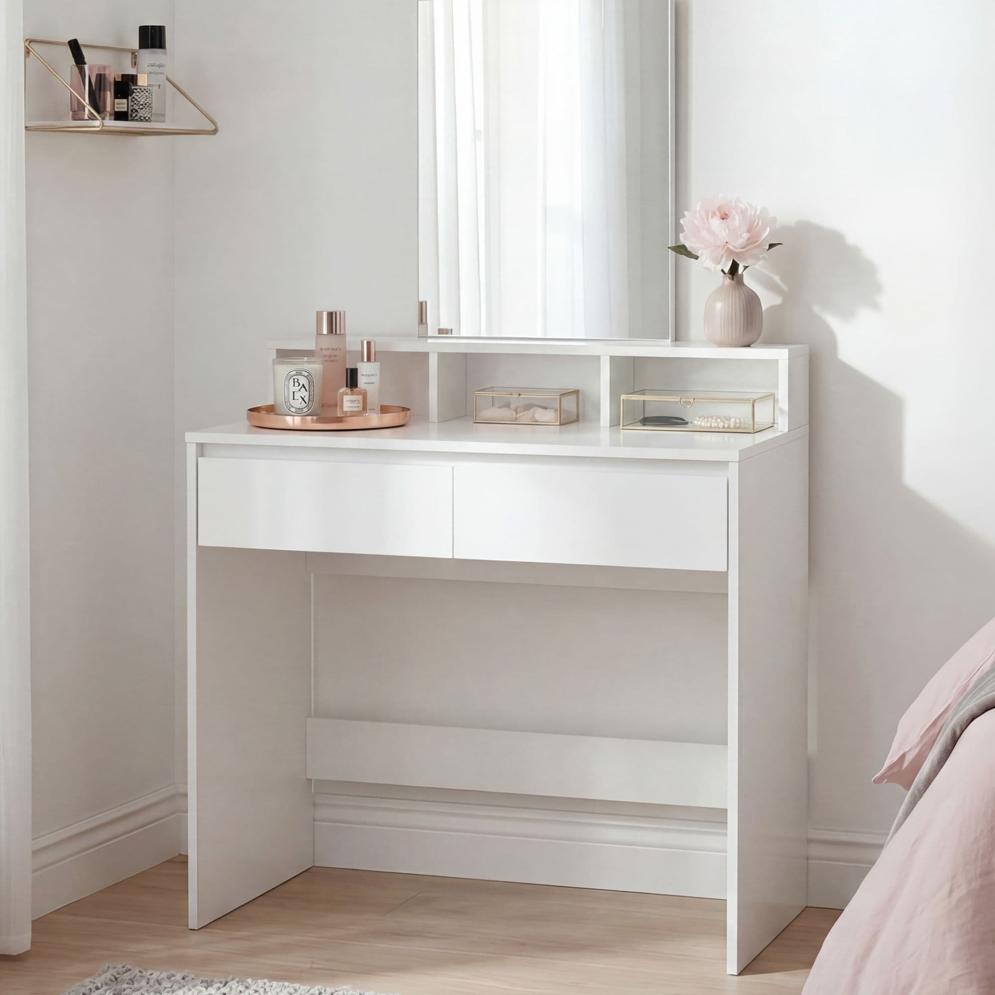 FineBuy Schminktisch 80cm Weiß Kosmetiktisch Modern - Frisiertisch mit Spiegel und Regal - Weiße Frisierkommode mit 2 Schubladen - Moderner Make-Up-Tisch Groß