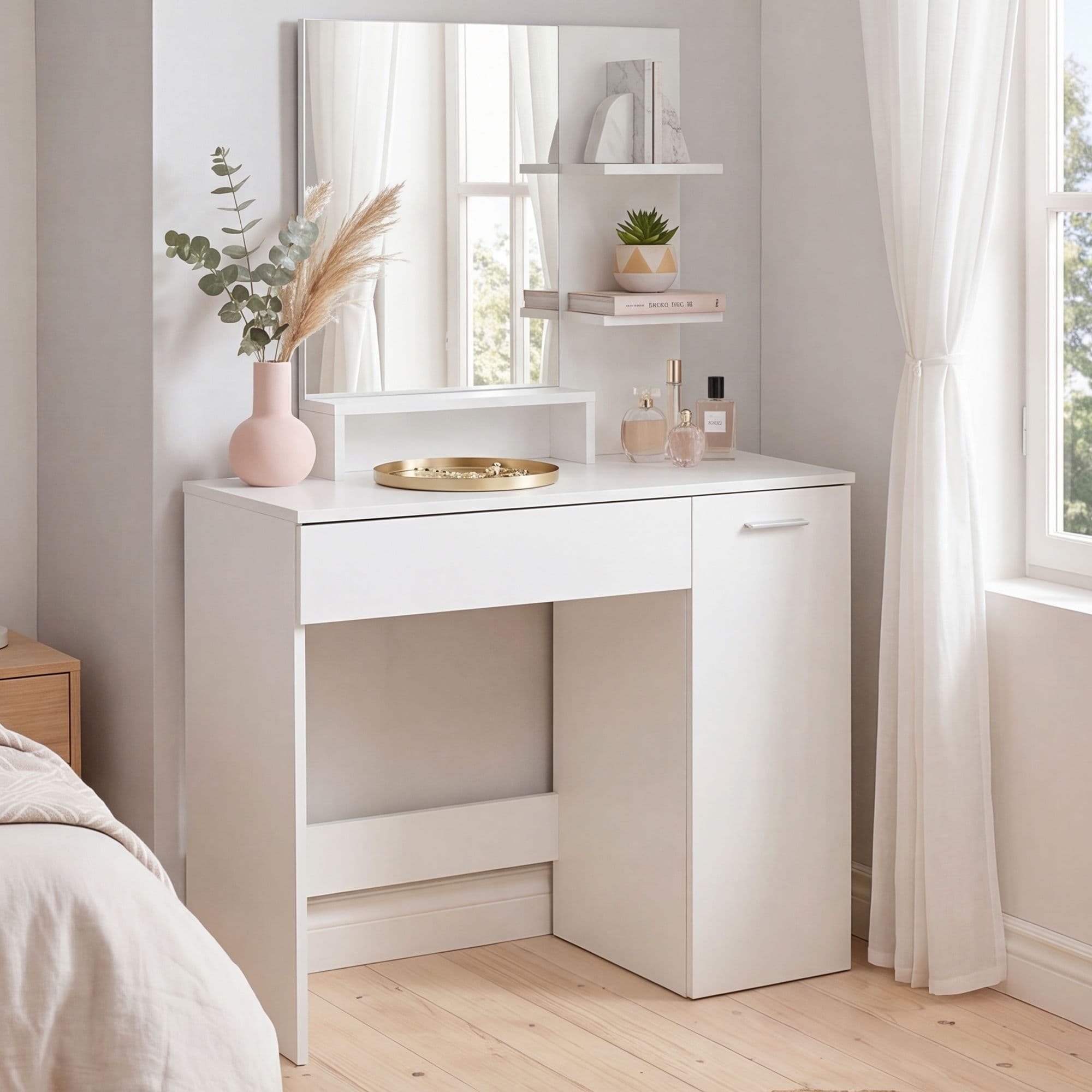 FineBuy Schminktisch 90cm Weiß Kosmetiktisch Modern - Frisiertisch mit Spiegel und Regal - Weiße Frisierkommode mit Schublade und Tür - Moderner Make-Up-Tisch Groß