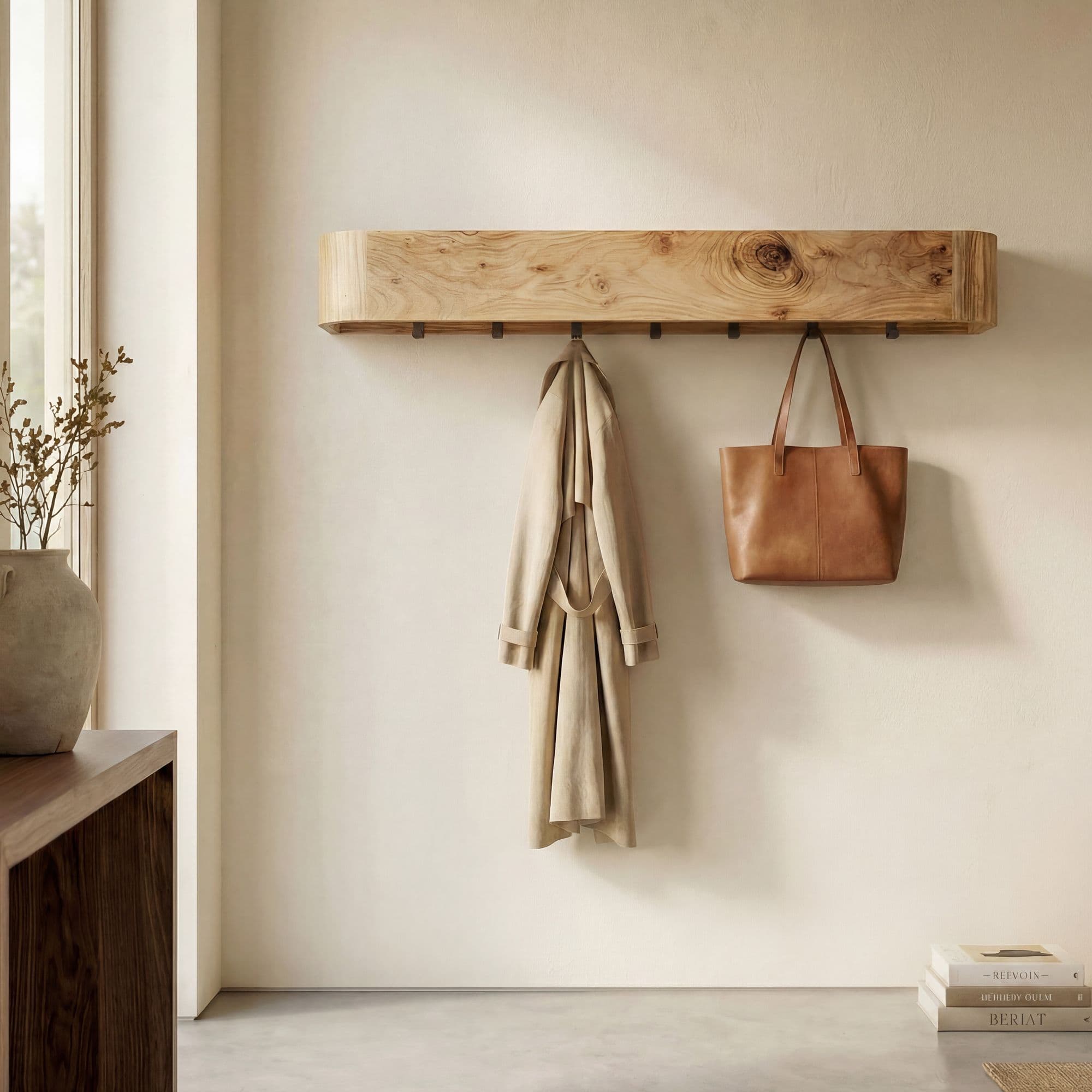 FineBuy Wandgarderobe Akazie Massivholz 100cm - Modernes Garderobenpaneel Hängegarderobe mit 7 Haken - Garderobenleiste Flurgarderobe Massiv Handgefertigt