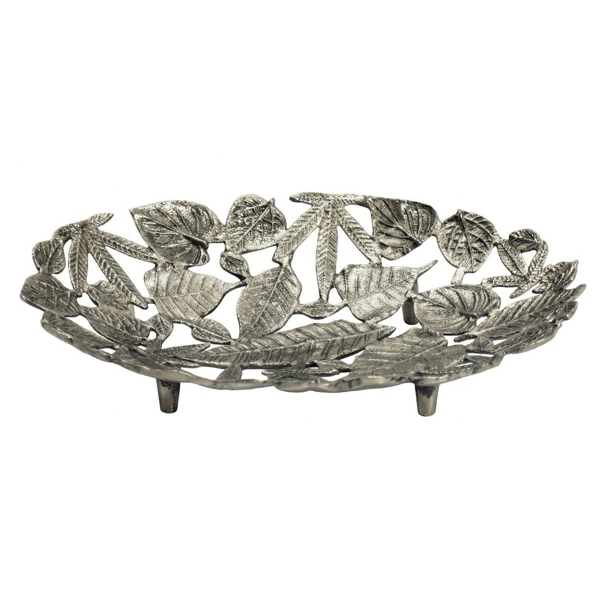 FineBuy Dekoschale Oval Schale Metall 49cm Tischdeko - Moderne Metallschale mit Fuß aus Aluminium in Blätter Optik - Elegante Aluschale - Alu Dekoteller Obstschale Handmade