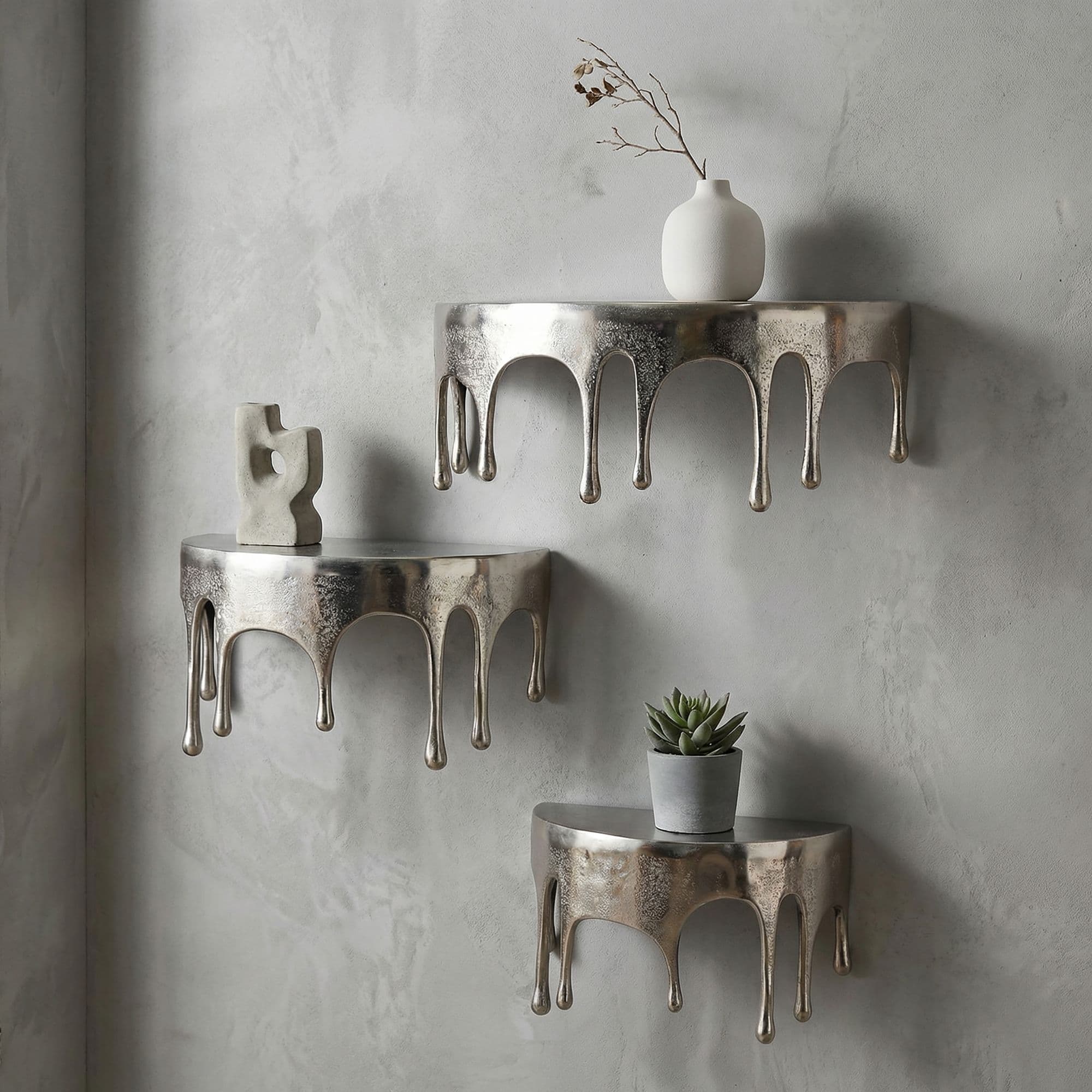 FineBuy Wandregal 3er Set Aluminium Silber Tropfen Optik - Ausgefallenes Hängeregal Metall - Design Drops Schweberegal Alu - Modernes Wandboard Dekoregal Handmade