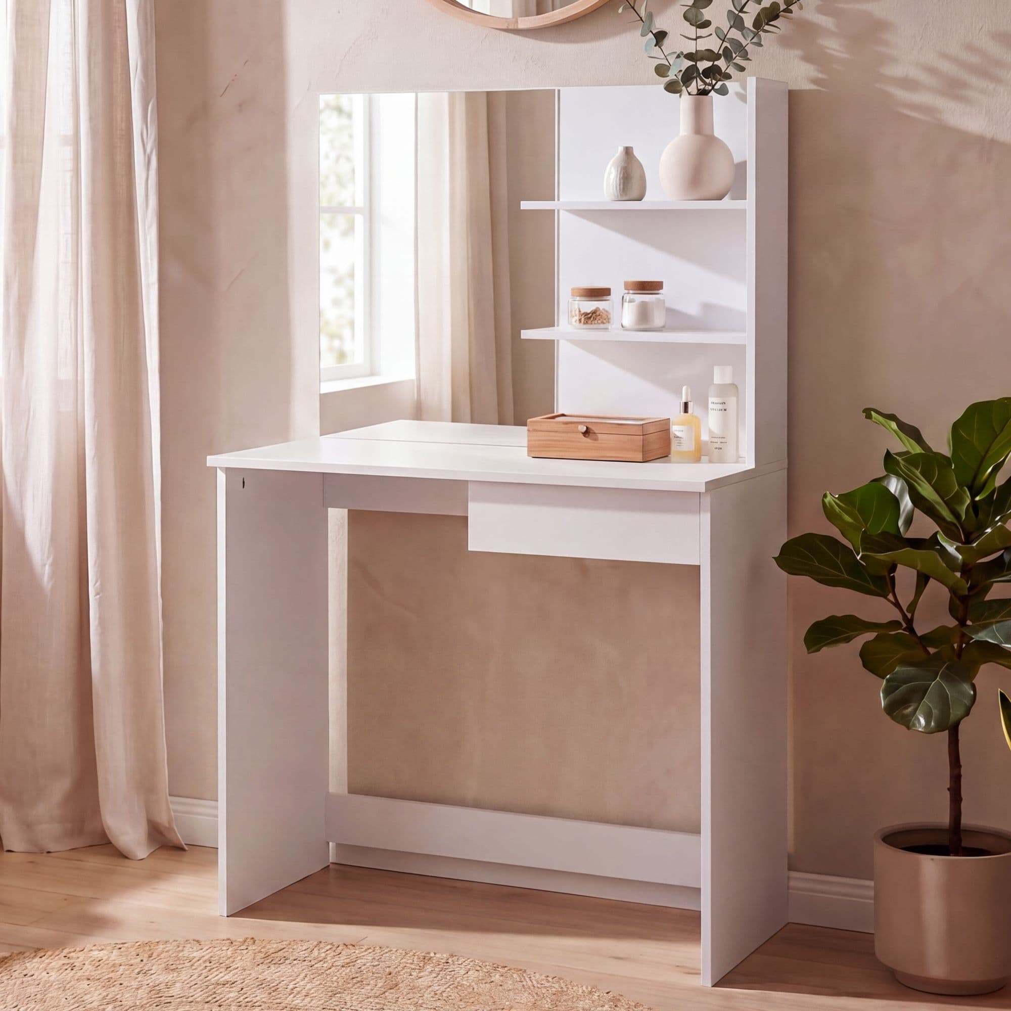 FineBuy Schminktisch 75cm Weiß Kosmetiktisch Modern - Frisiertisch mit Spiegel und Regal - Weiße Frisierkommode mit Schublade - Moderner Make-Up-Tisch Groß