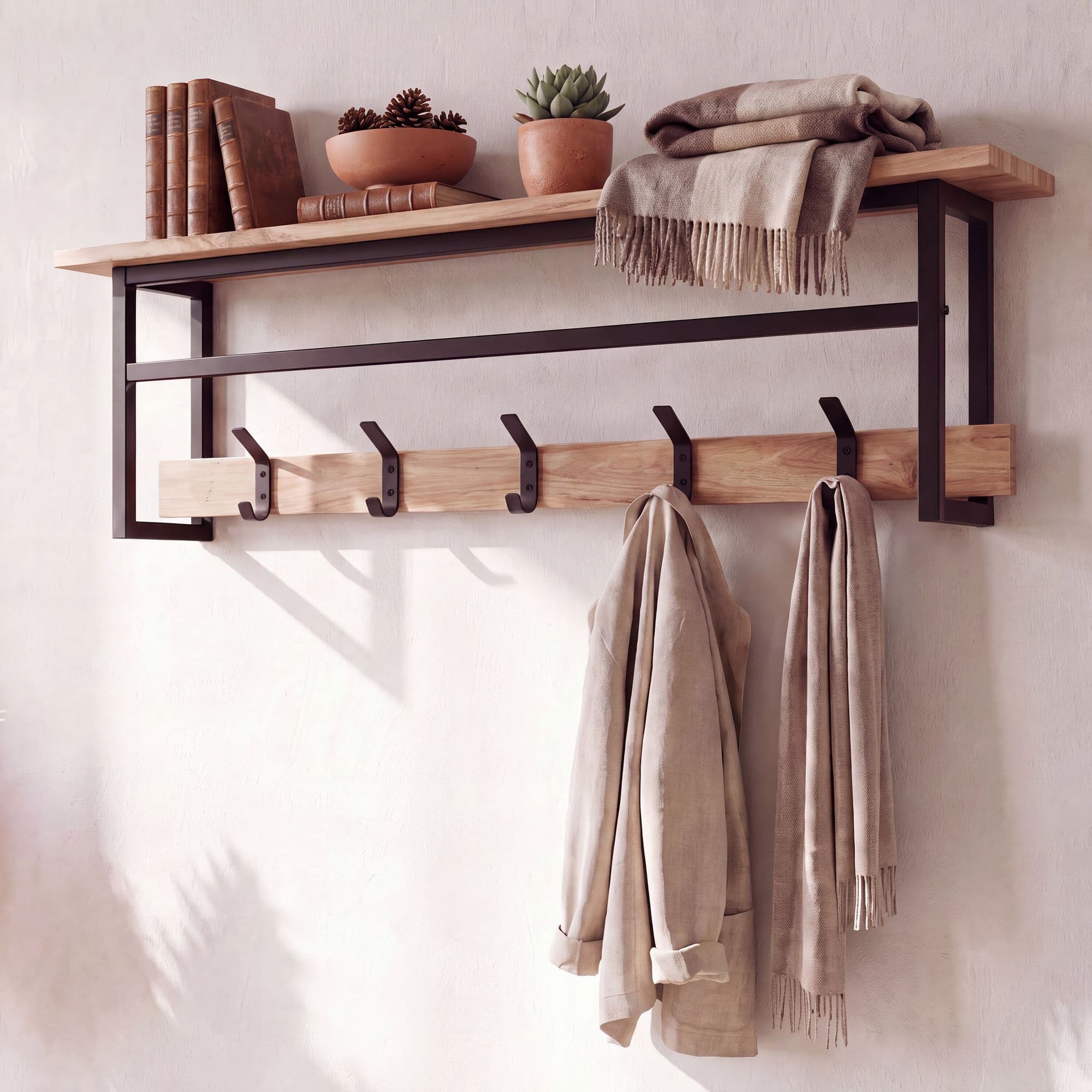 FineBuy Wandgarderobe Akazie Massivholz 100cm mit Ablage - Modernes Garderobenpaneel Hängegarderobe mit 5 Haken und Kleiderstange - Garderobenleiste Flurgarderobe Massiv Handmade