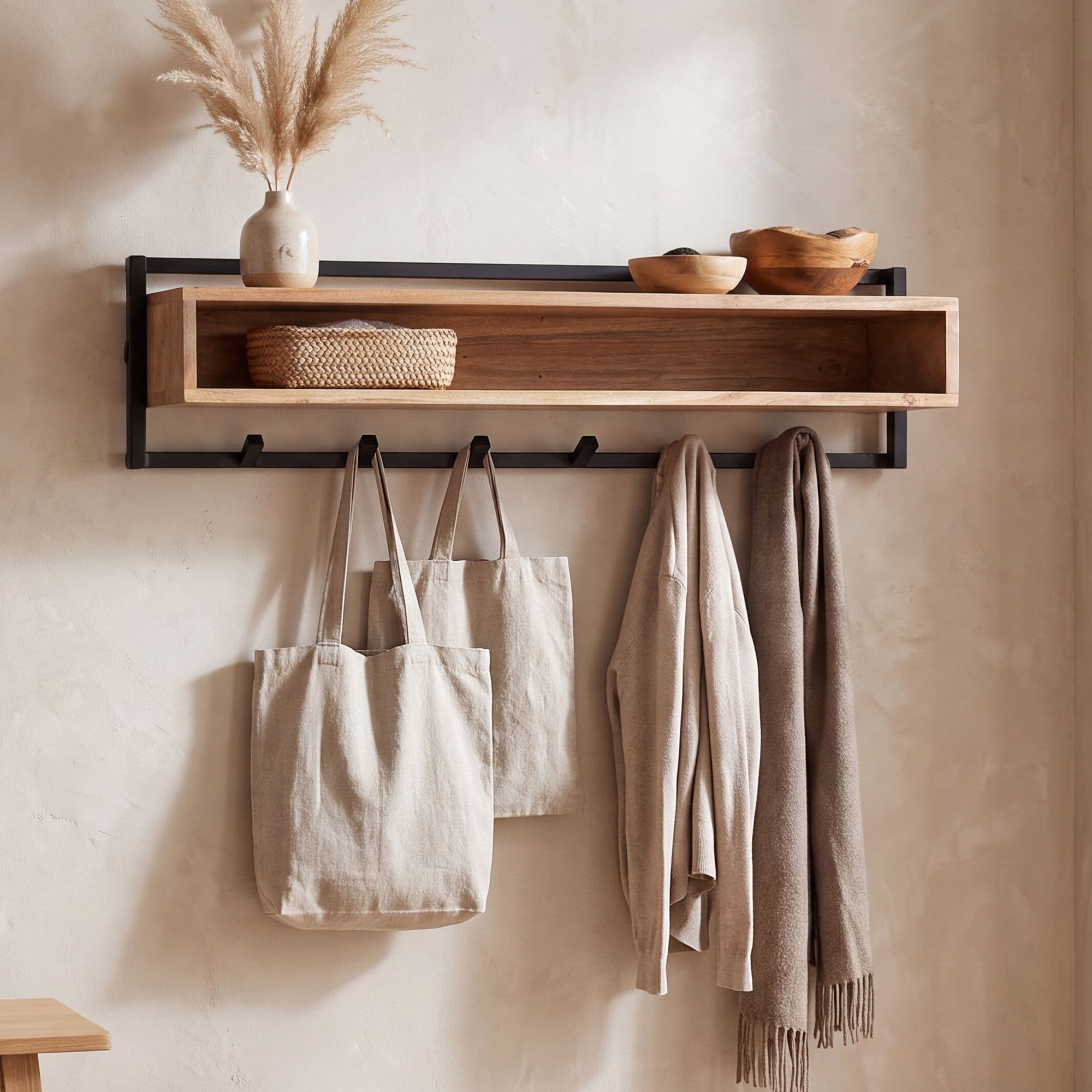 FineBuy Wandgarderobe Akazie Massivholz 90cm mit Ablage - Modernes Garderobenpaneel Hängegarderobe mit 6 Haken - Garderobenleiste Flurgarderobe Massiv Handmade