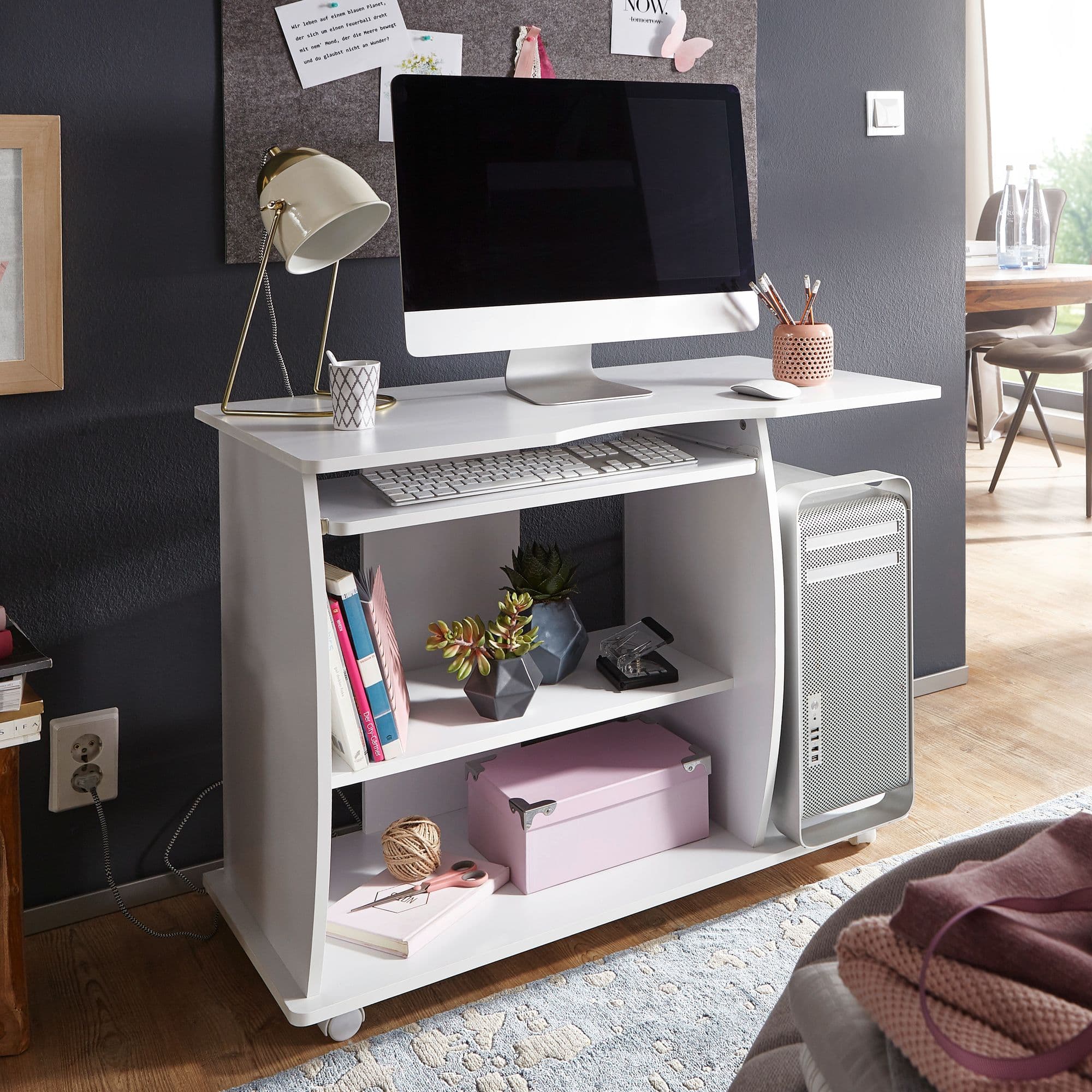 FineBuy Computertisch GRASSE rollbar Weiß 90 x 71 x 50 cm mit Tastaturauszug, Laptop Tisch auf feststellbaren Rollen, PC-Tisch mit Drucker-Ablage platzsparend, Schreibtisch für kleine Räume