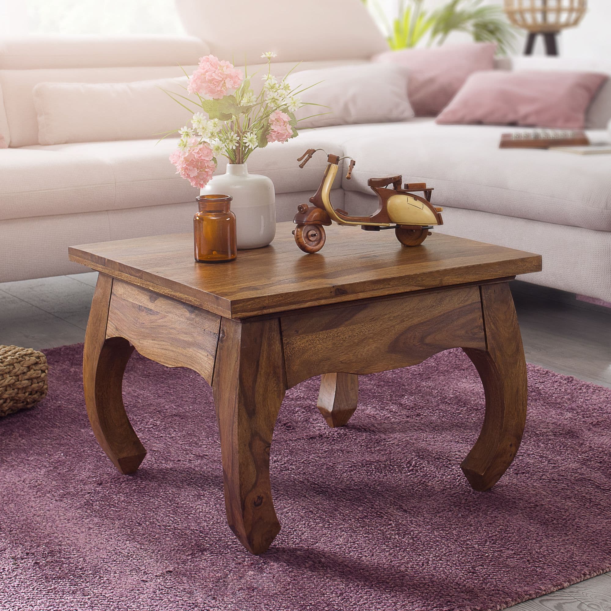 FineBuy Opium Couchtisch 60 x 40 x 60 cm Sheesham Massiv-Holz, Echtholz Wohnzimmertisch quadratisch braun, Stubentisch niedrig, Beistelltisch Sofatisch klein, Tisch Wohnzimmer