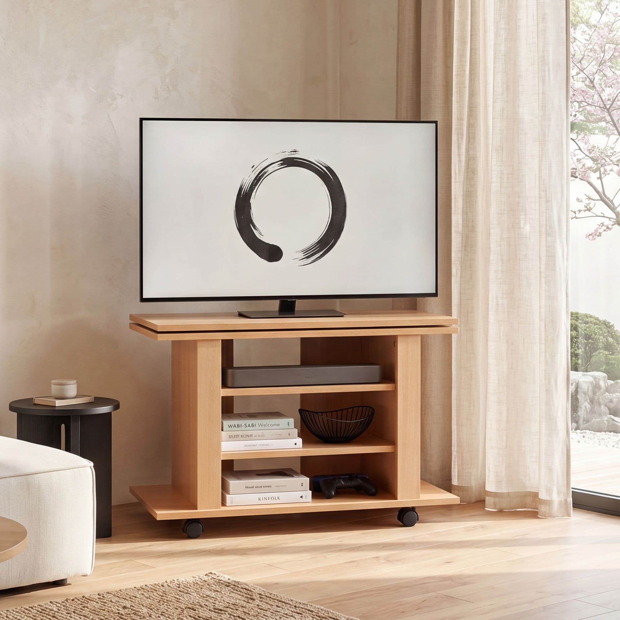FineBuy Fernsehschrank Drehbar auf Rollen, TV Bank 75 x 38 x 50 cm mit Drehteller für Fernseher| Fernsehtisch Holz Buche mit Ablage Board, TV Schrank HiFi Rack Möbel