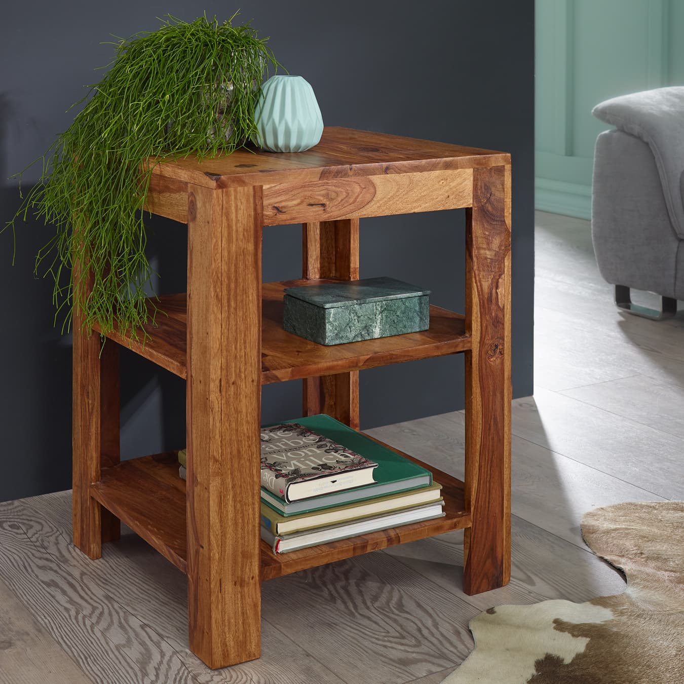 FineBuy Standregal 44 x 60 x 44 cm Sheesham Massiv-Holz Stehregal 3 Ablagen, Abstelltisch Wohnzimmer Niedrig, Ablagetisch Dunkelbraun Abstellregal Diele, Deko-Regal Tisch Flur Büro