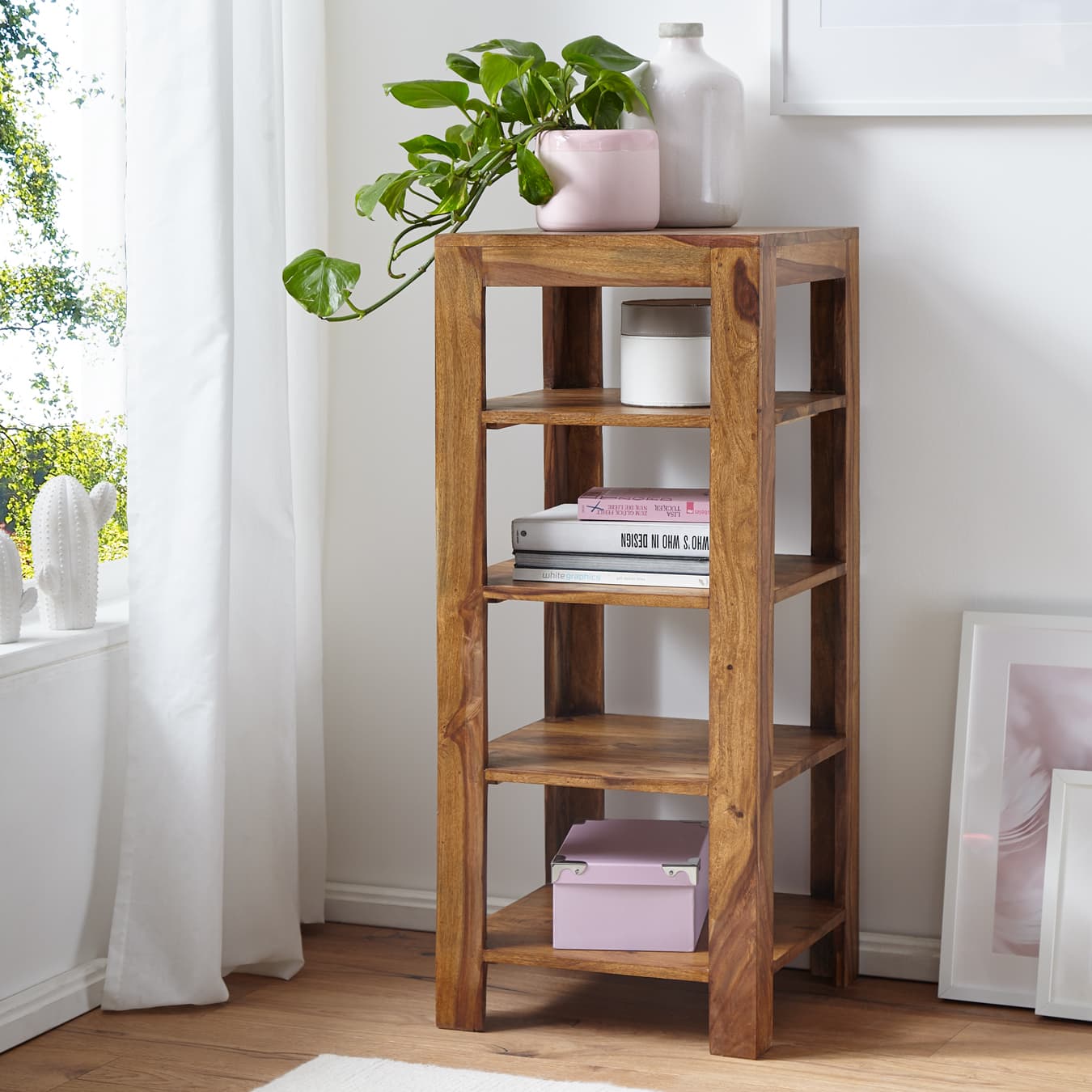 FineBuy Standregal Massiv-Holz Sheesham 105 cm Wohnzimmer-Regal mit 4 Ablagefächer Design Landhaus-Stil Beistelltisch