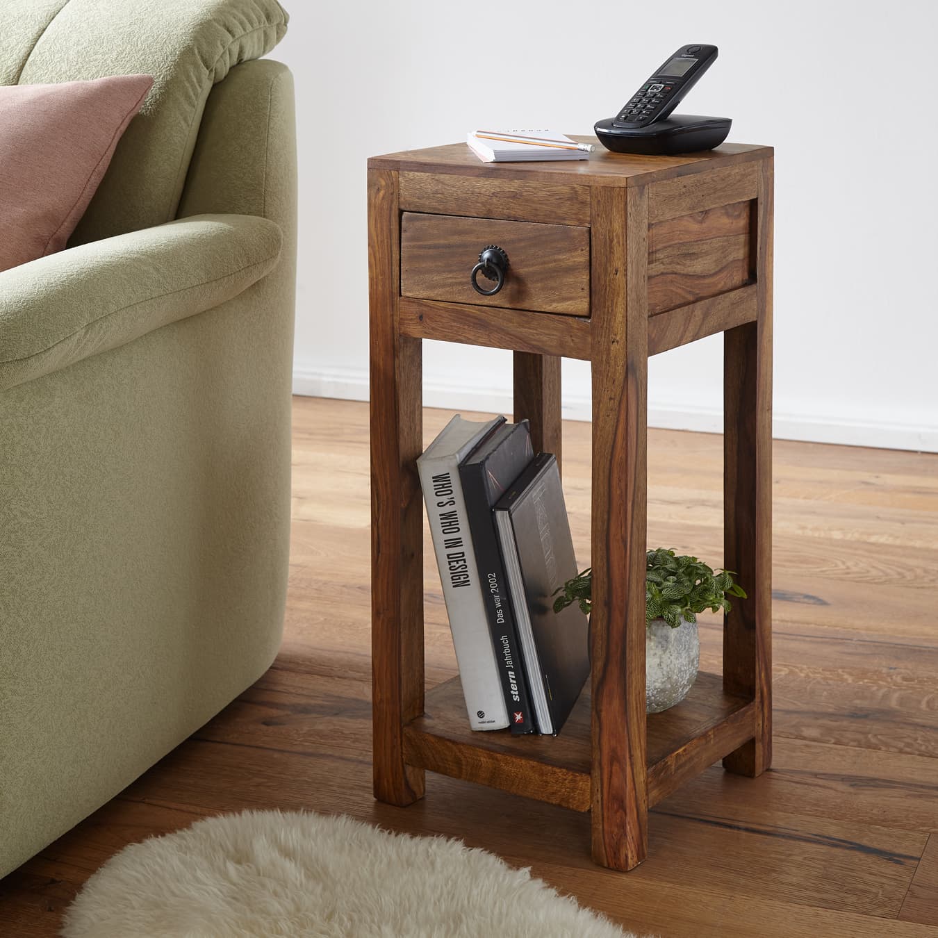 FineBuy Beistelltisch Massivholz Sheesham 30x30x68 cm Wohnzimmertisch mit Schublade, Design Couchtisch Naturprodukt Wohnzimmermöbel modern Echtholz